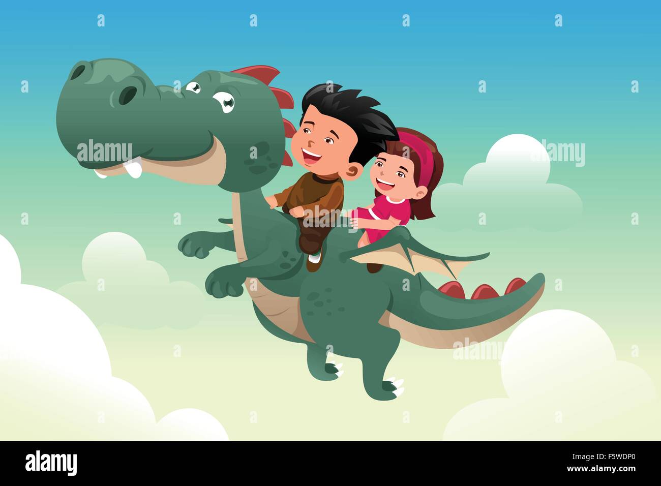 A vector illustration of happy kids riding on a cute dragon Stock ...