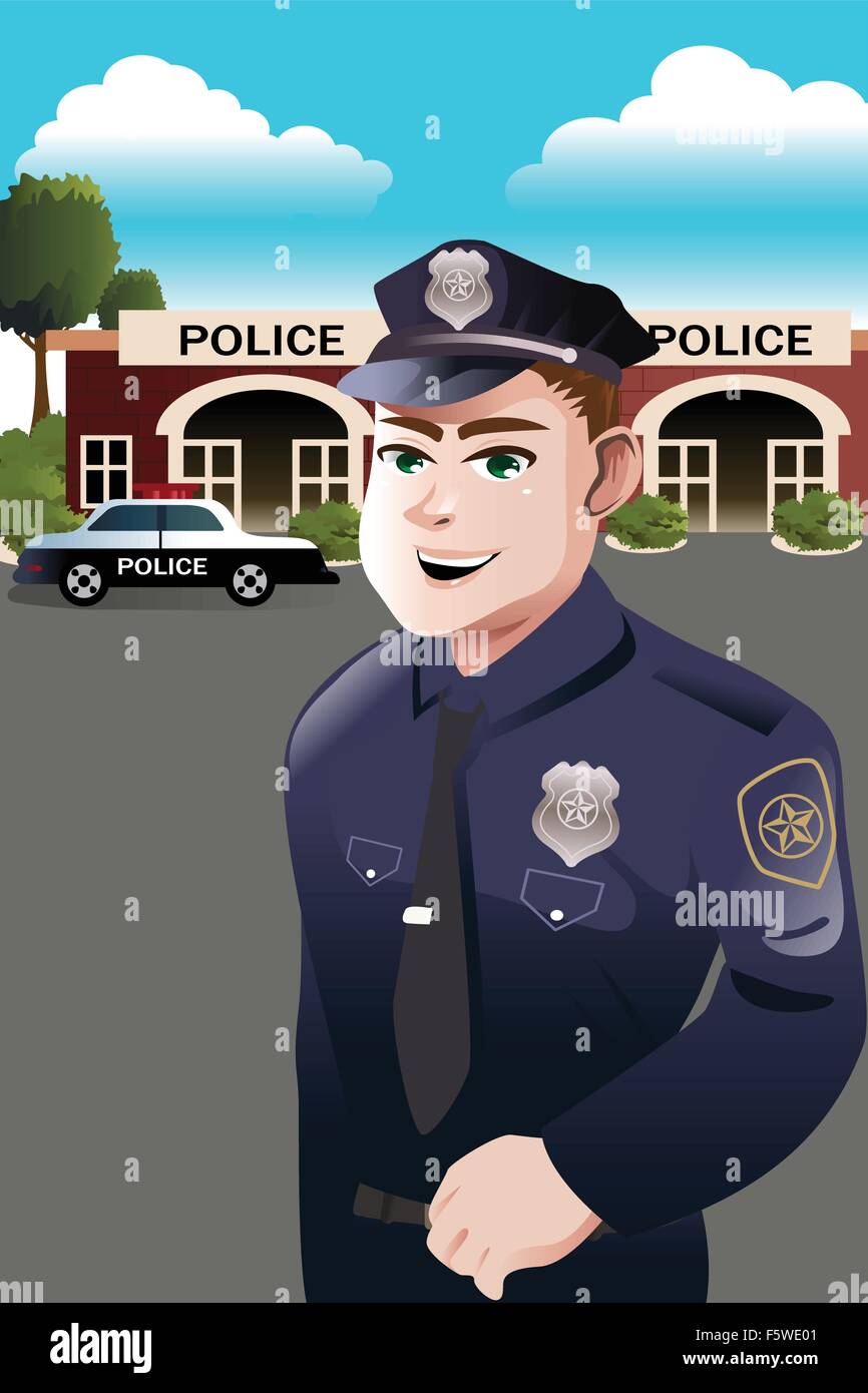 A vector illustration of policeman standing in front of police station Stock Vector