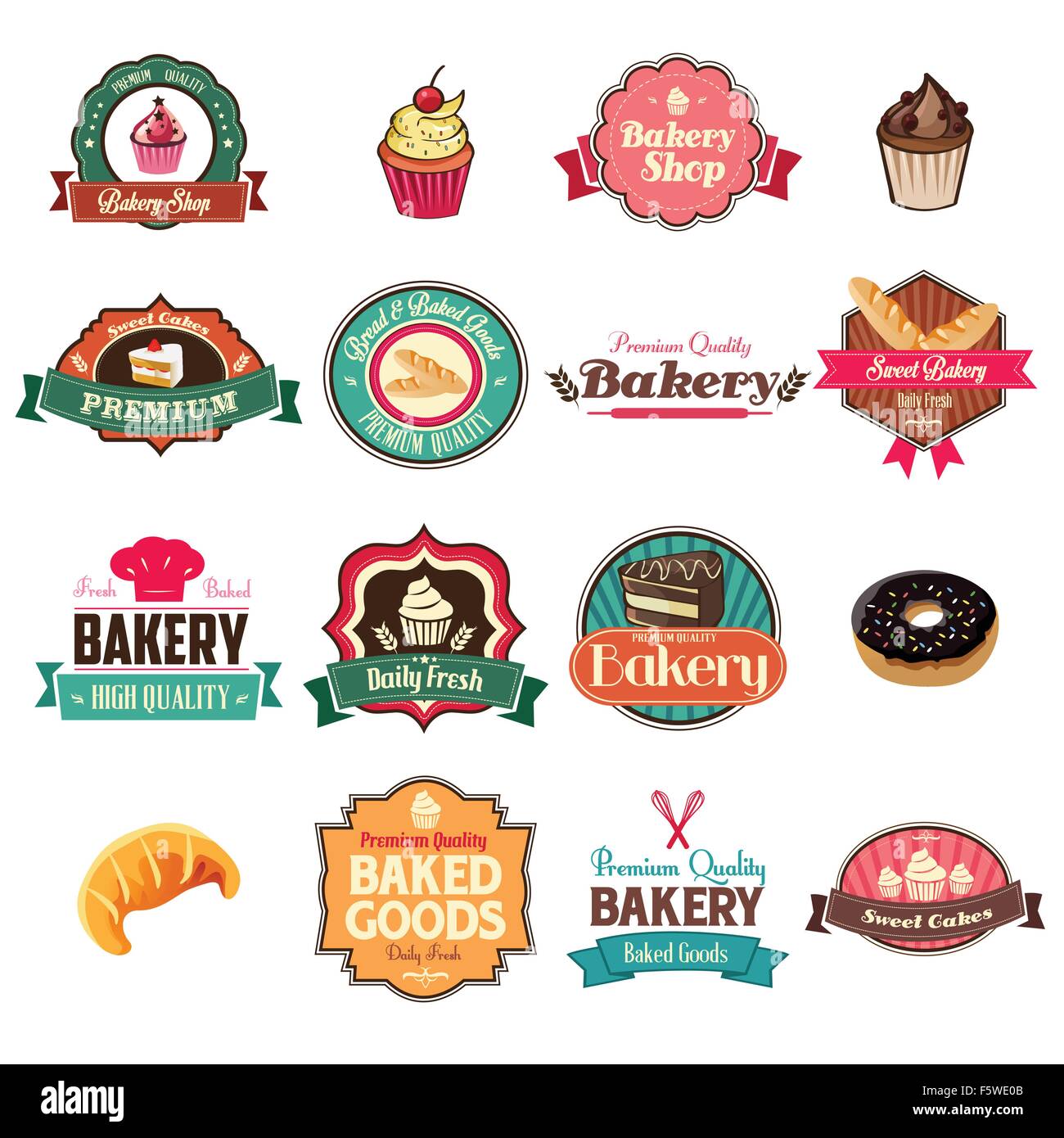 A vector illustration of vintage bakery collection of icons and tag sets Stock Vector