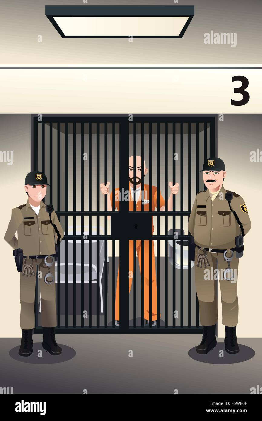 A vector illustration of prisoner in the jail being guarded by prison guards Stock Vector