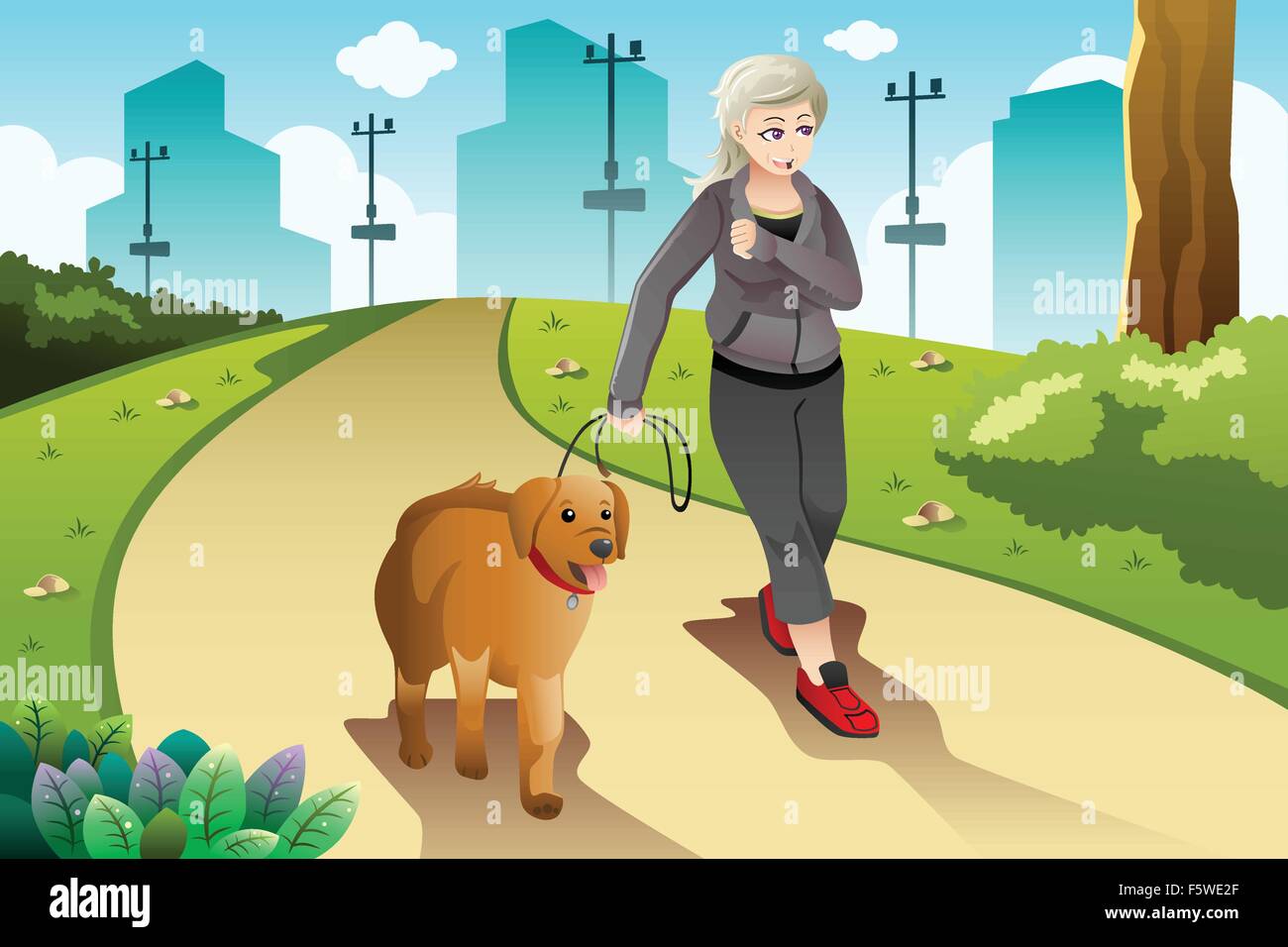 A vector illustration of old lady exercising with her dog outdoor Stock Vector