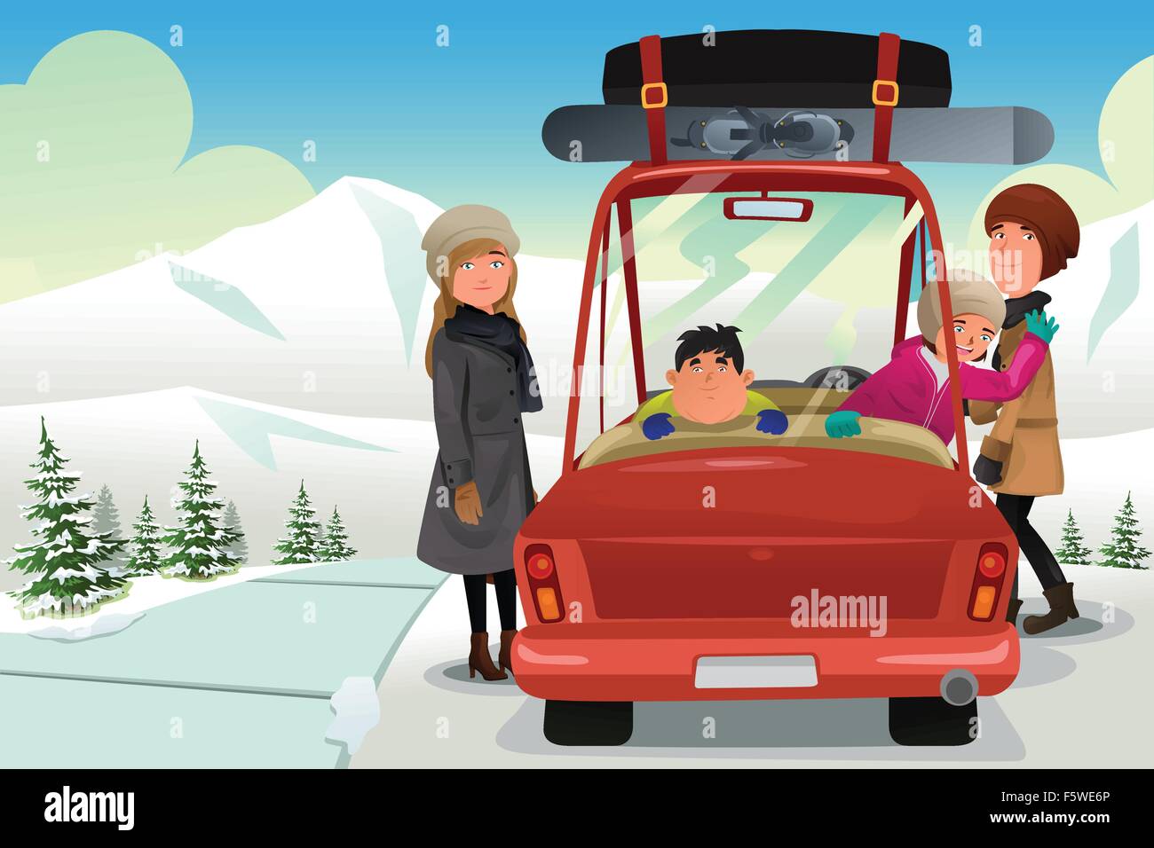 A vector illustration of happy family going to a winter holiday trip Stock Vector