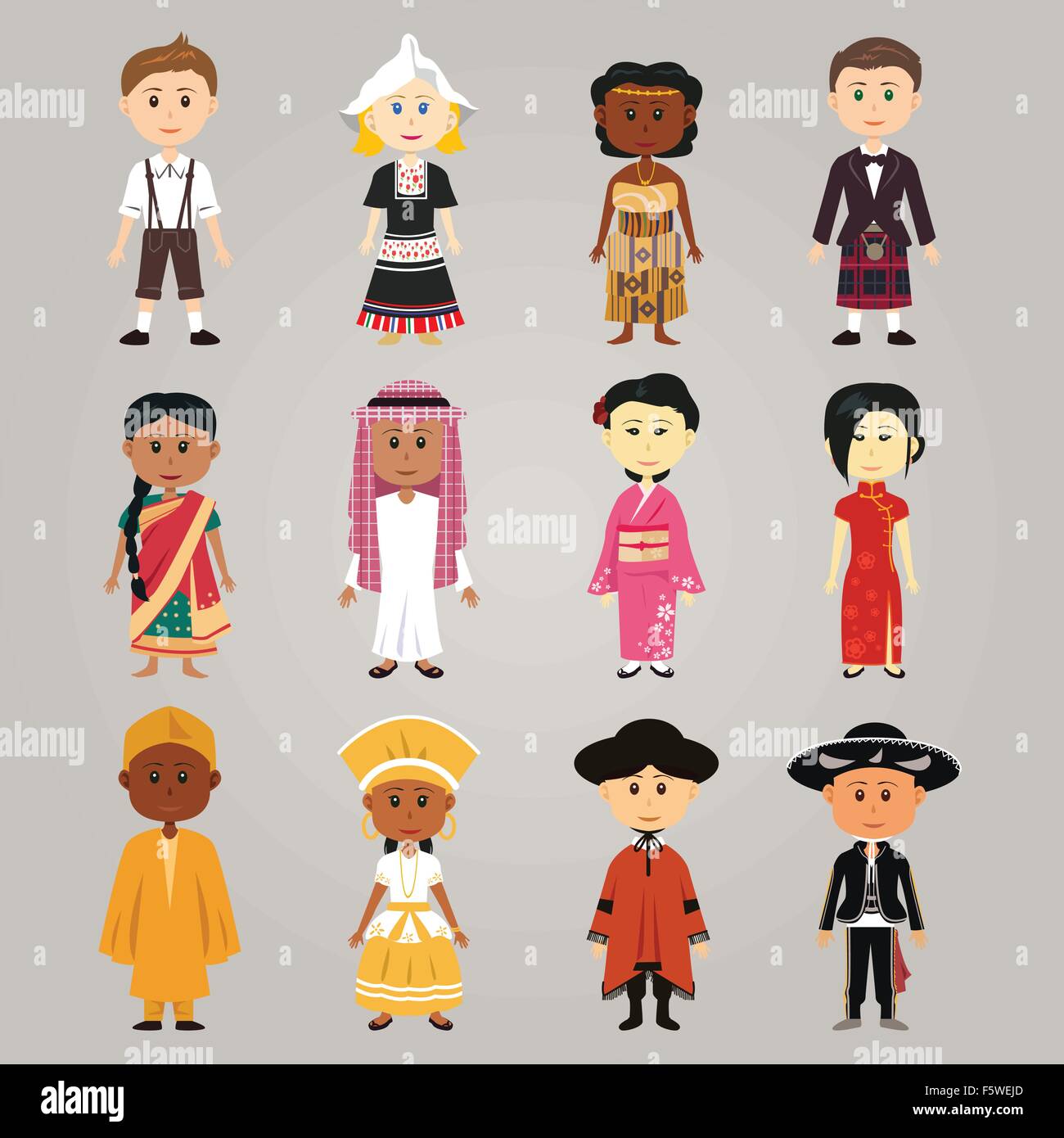A vector illustration of different  ethnic people wearing their traditional costume Stock Vector