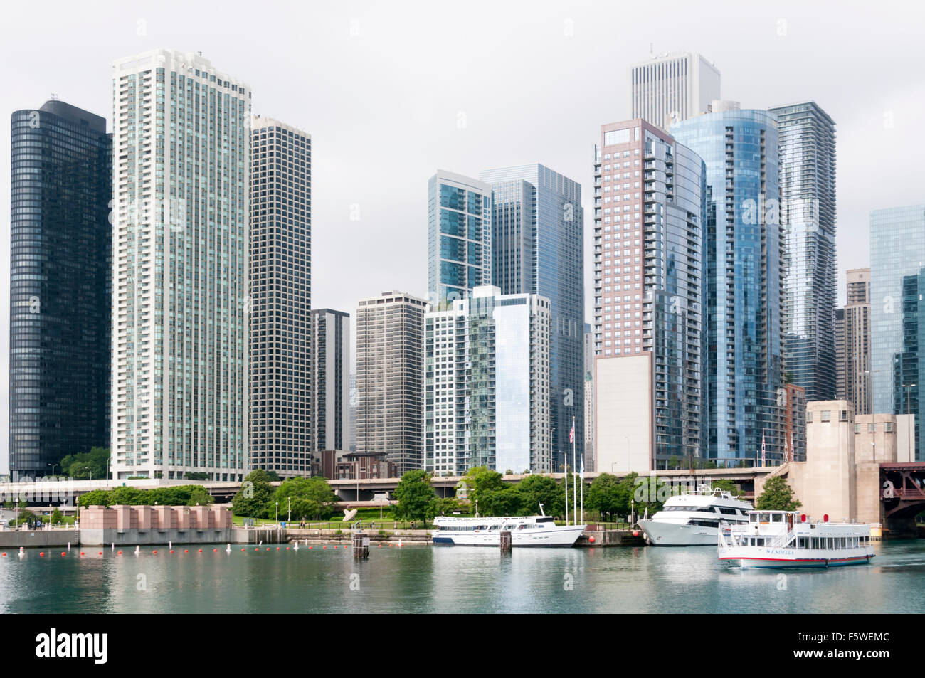 View of skyscrapers along the Chicago River where it is crossed by Lake Shore Drive. Stock Photo