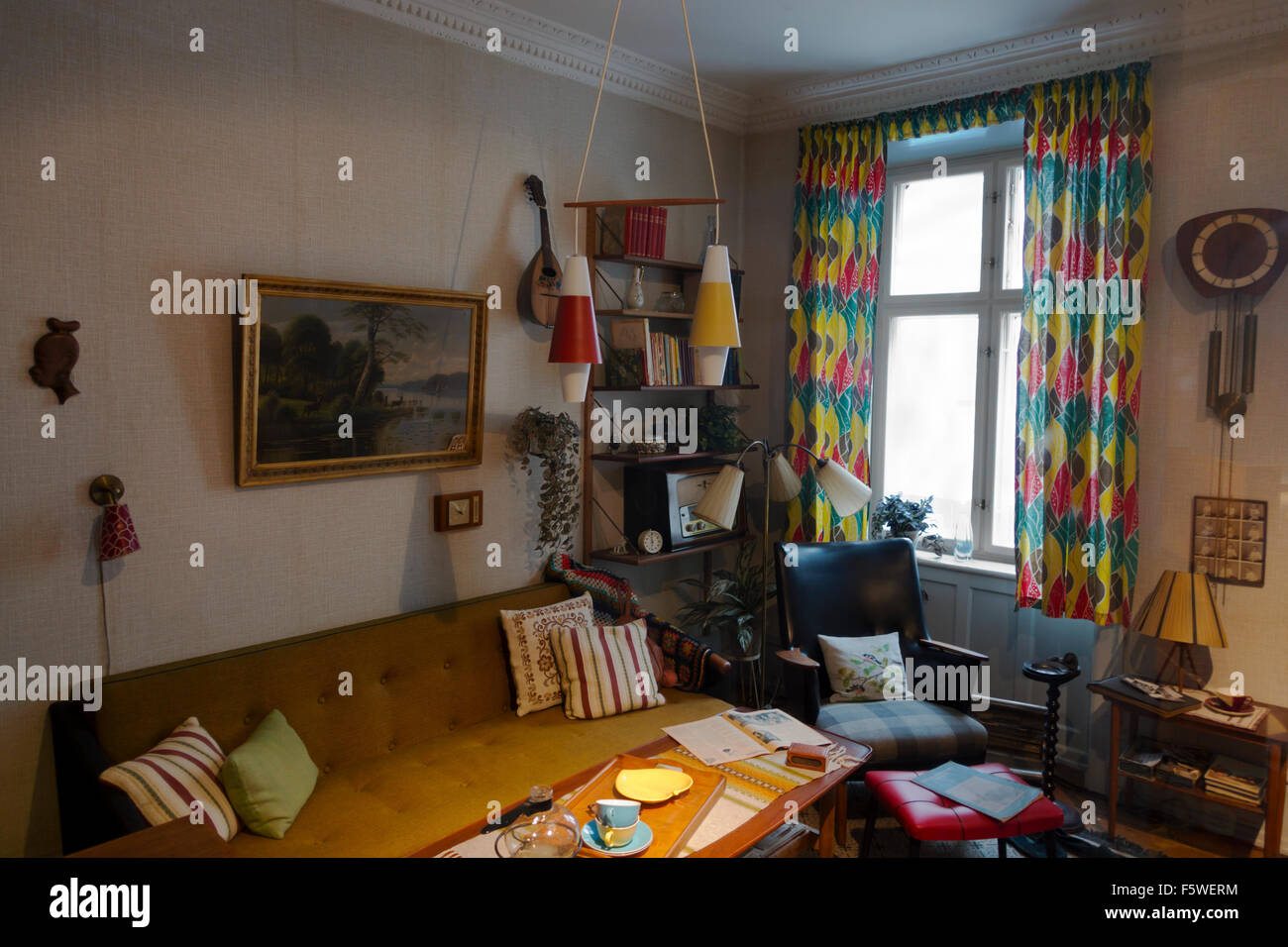 Authenthic, historic living room in a working class flat in Copenhagen in the 1950s. The Workers Museum (Arbejdermuseet) Stock Photo