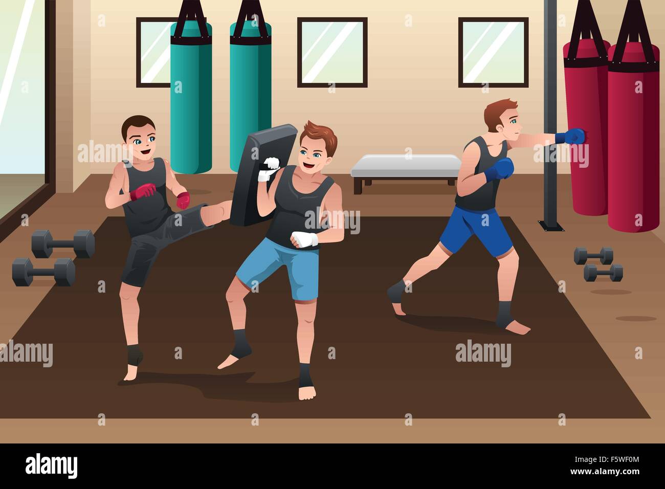 A vector illustration of boxer training in the gym Stock Vector