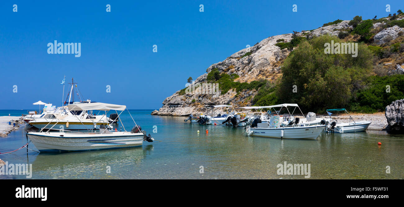 Fishing boats moored at Kolymbia Rhodes Dodecanese Greece Europe Stock Photo