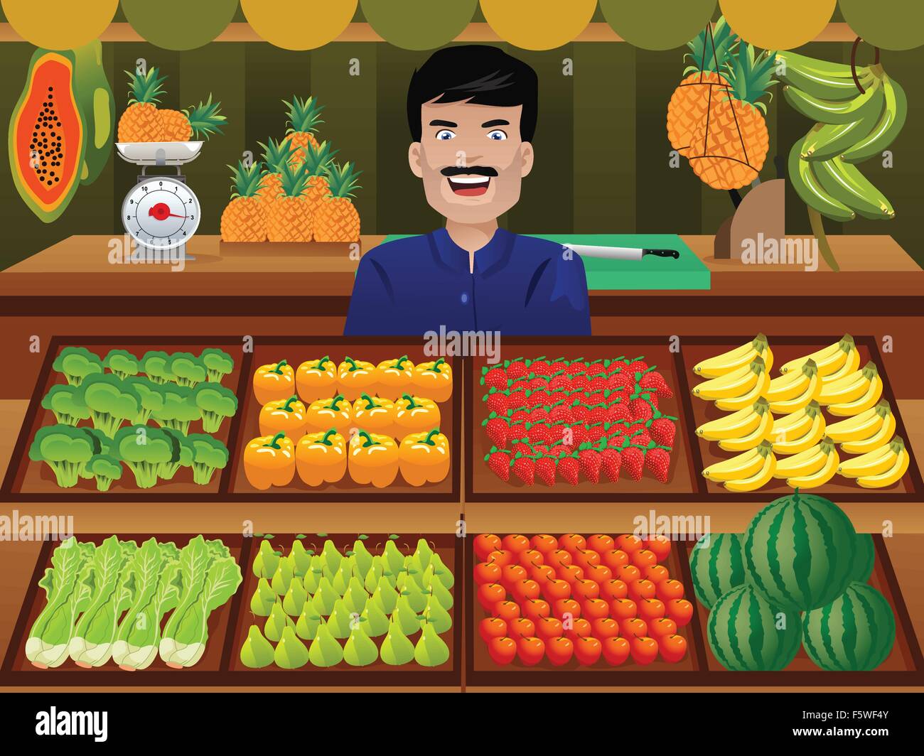 A vector illustration of fruit seller in a farmer market Stock Vector Image  & Art - Alamy