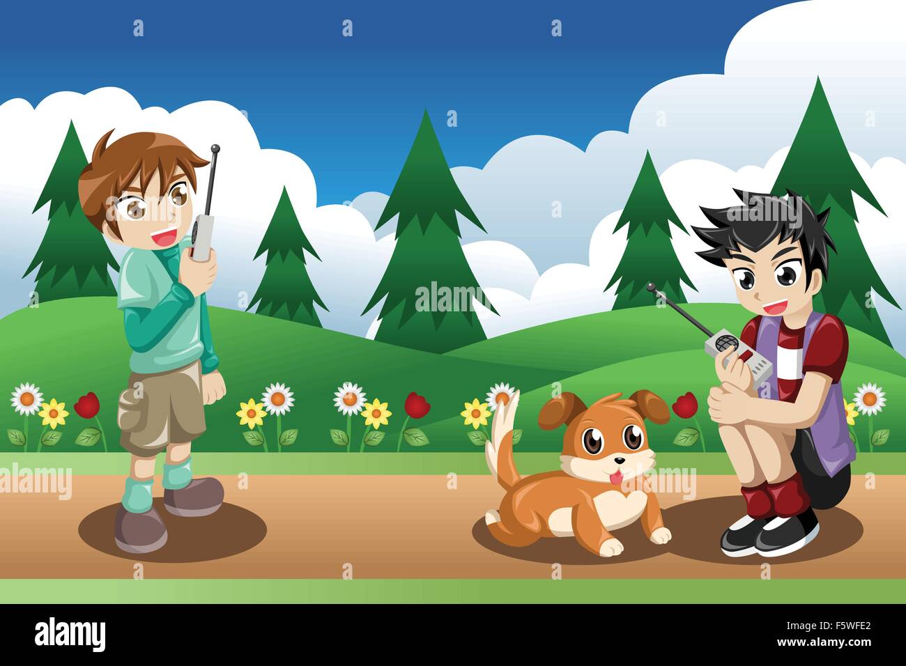 A vector illustration of happy kids playing with their dog in the park ...