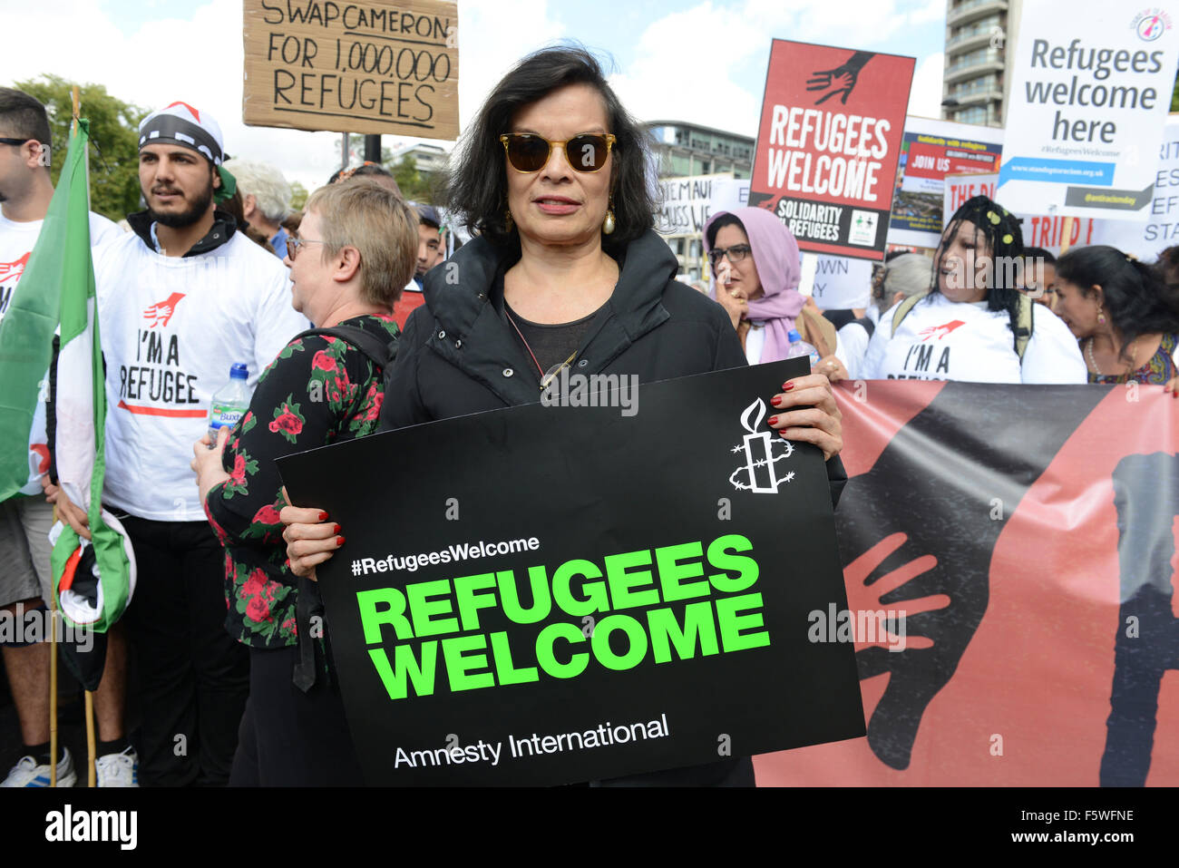 Bianca Jagger joins a national day of action called by various political campaign groups to show solidarity with refugees.  Featuring: Bianca Jagger Where: London, United Kingdom When: 12 Sep 2015 Stock Photo