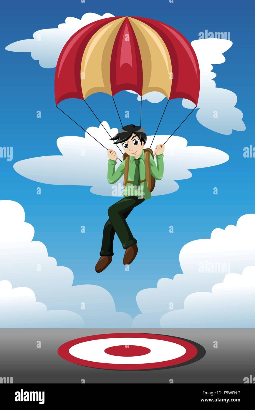 A vector illustration of businessman with a parachute landing on a target Stock Vector