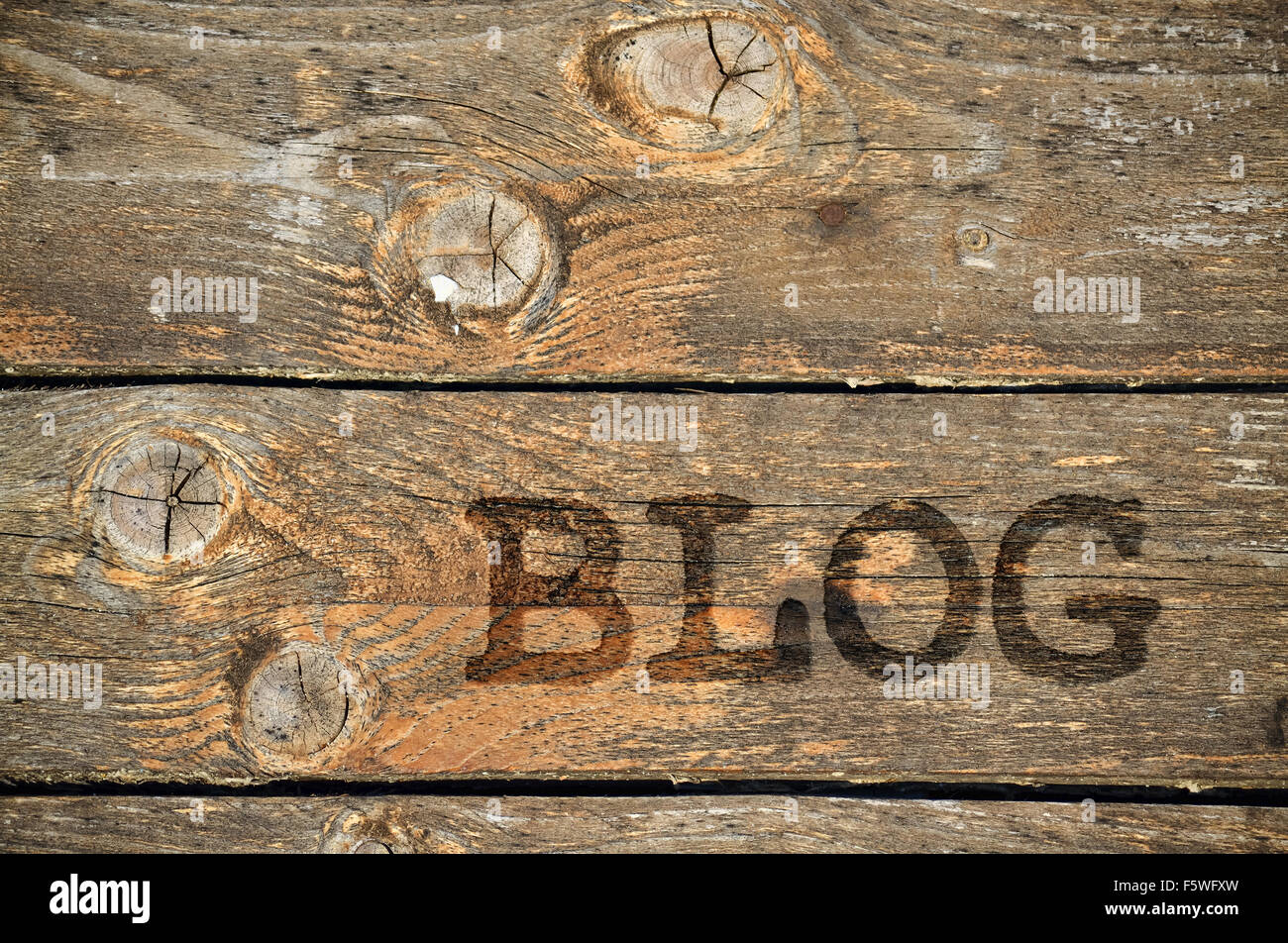 Word Blog written on vintage wooden background with knots Stock Photo