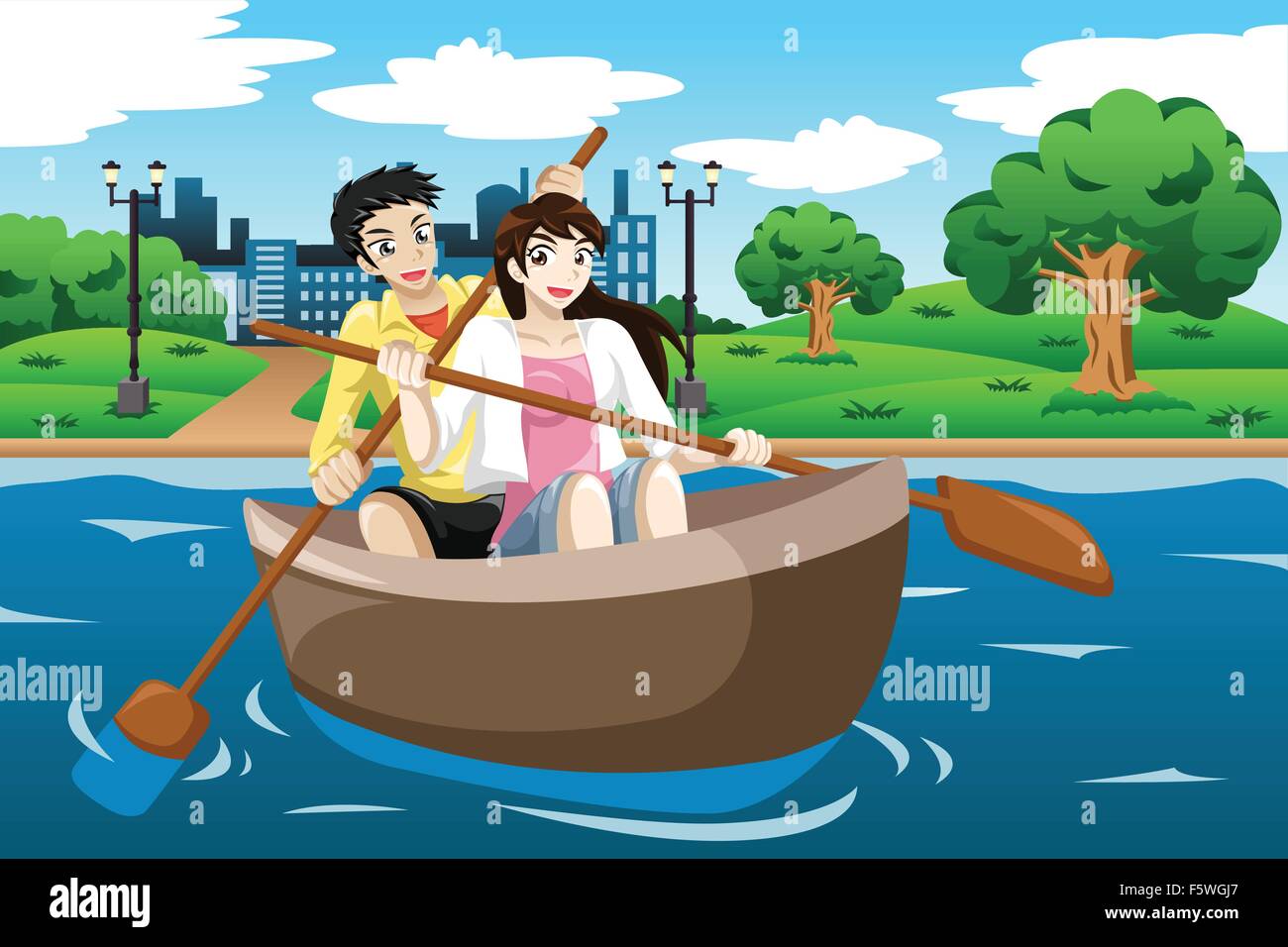 A vector illustration of happy couple rowing a boat on lake Stock Vector