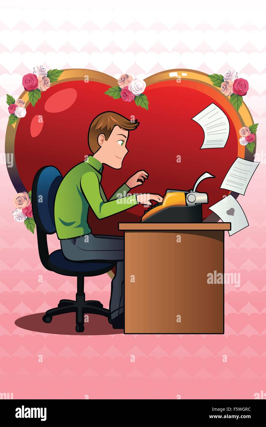 A vector illustration of young man writing a love letter using an old typewriter for Valentines day concept Stock Vector