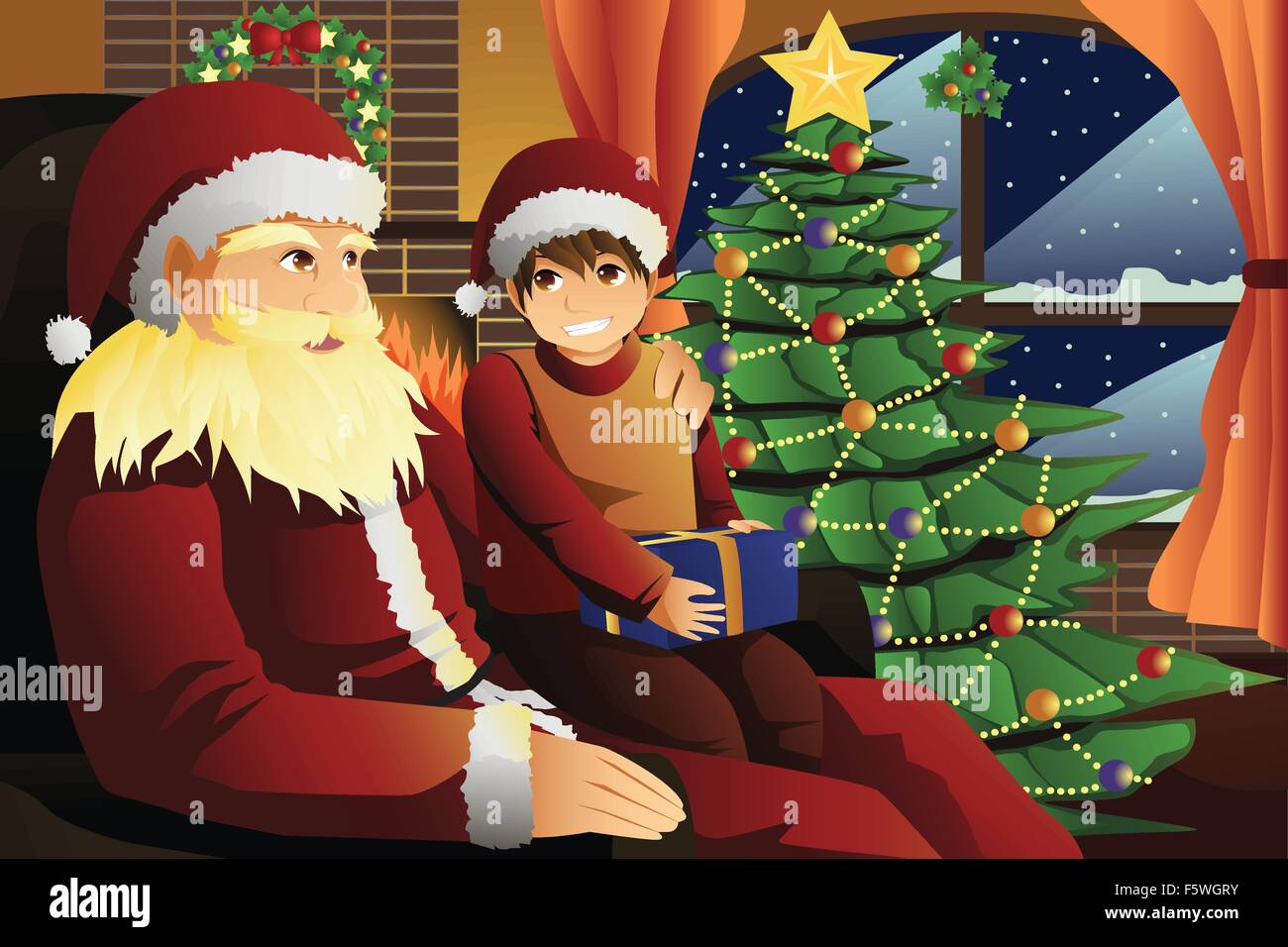 A vector illustration of Santa Claus talking with a kid on his lap Stock Vector