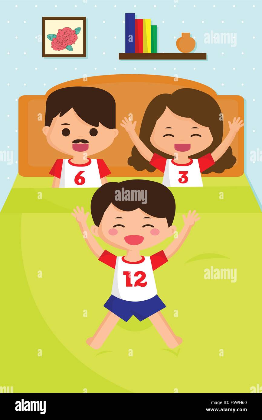 A vector illustration of jumping kid on the bed while his parents