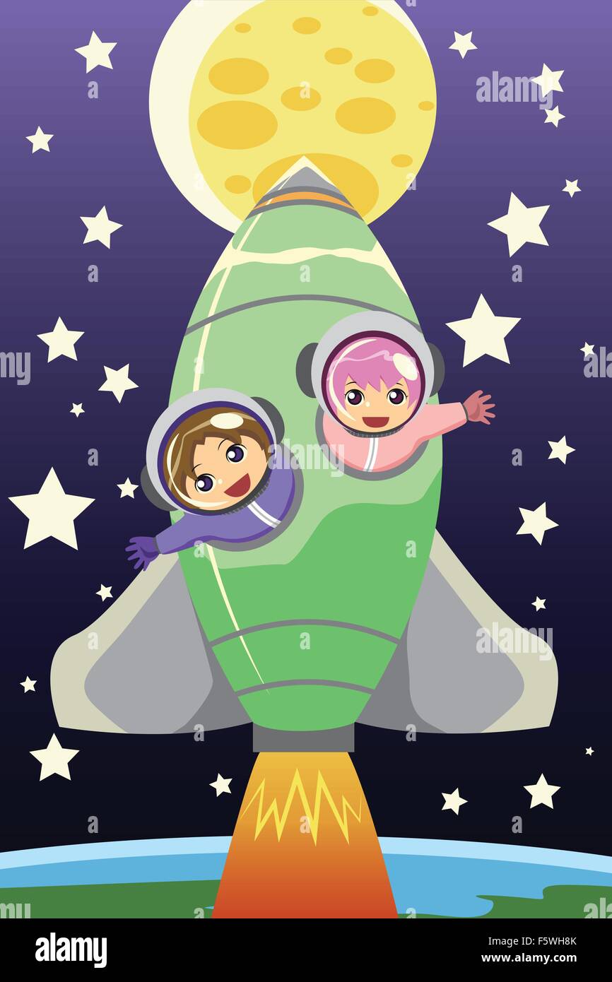 A vector illustration of kids riding on a rocket going to the moon Stock Vector
