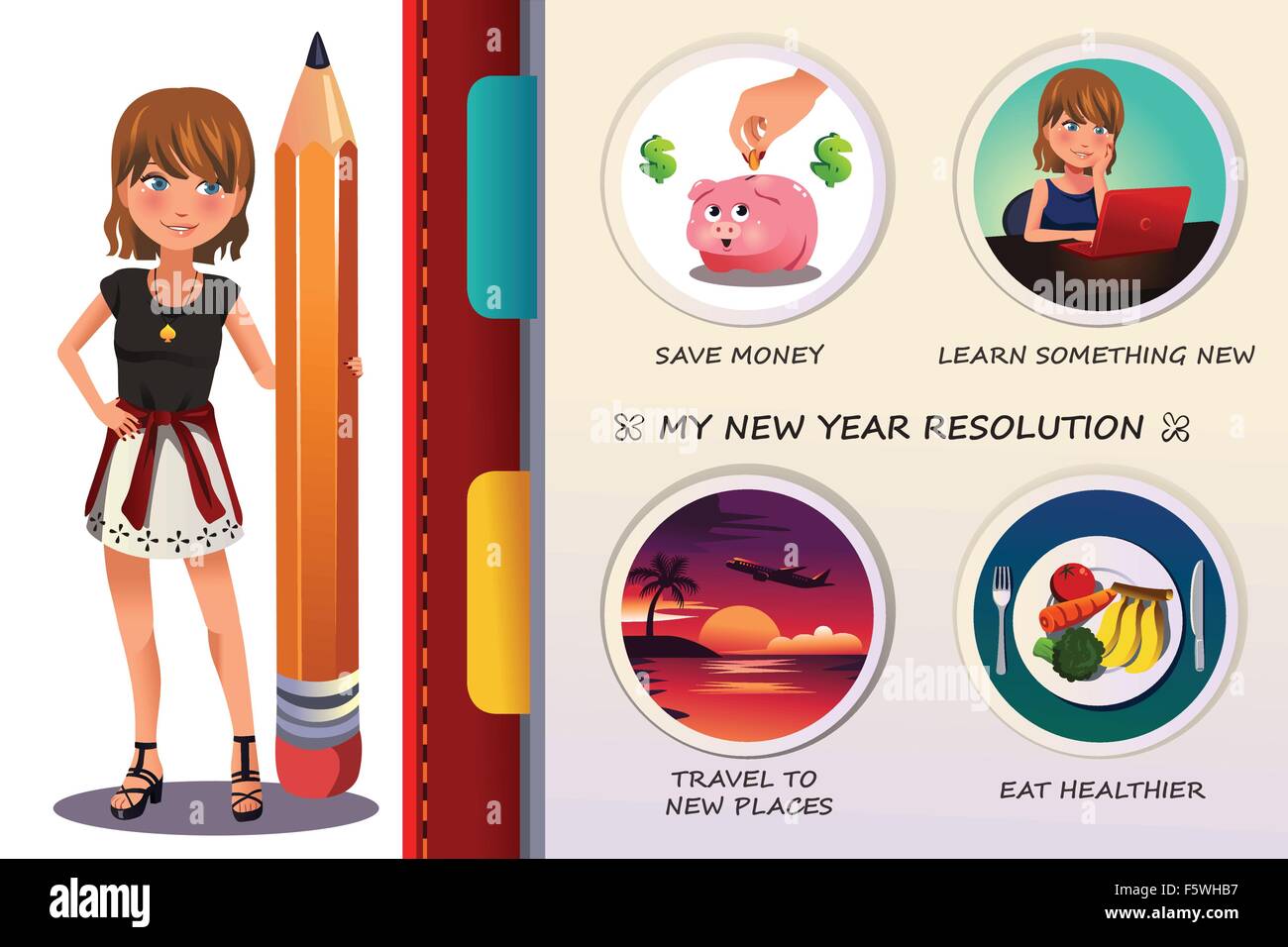 A vector illustration of woman writing about her new year resolution Stock Vector