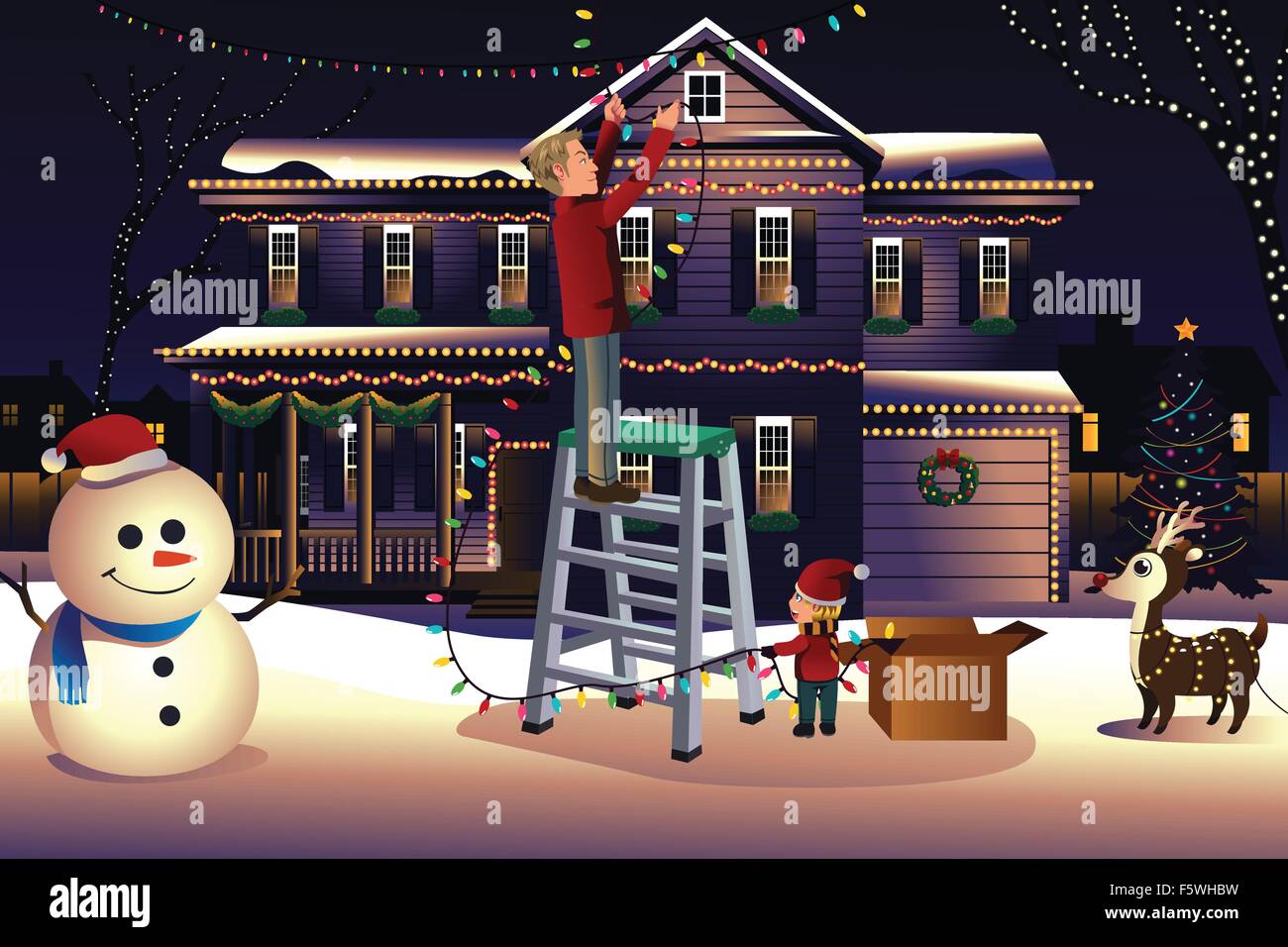 A vector illustration of father son putting up lights around the house