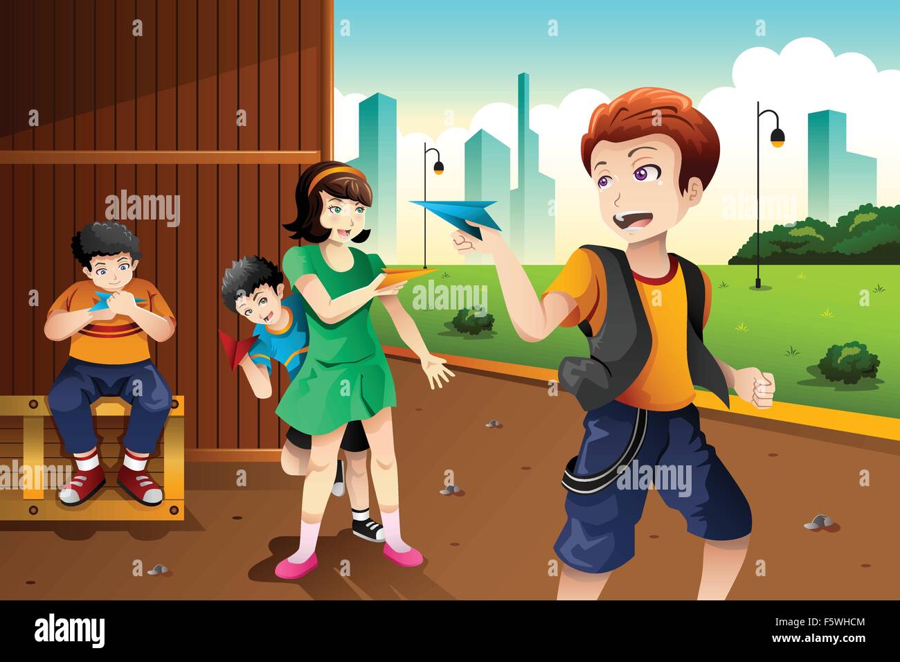 A vector illustration of happy kids playing paper plane in the park ...