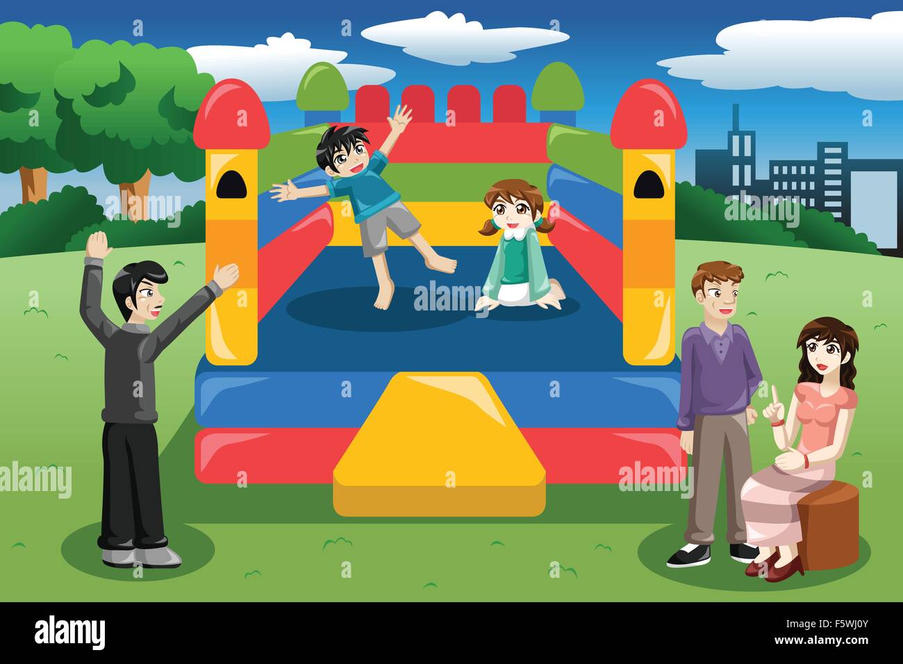 A vector illustration of happy kids playing in a bouncy house Stock Vector
