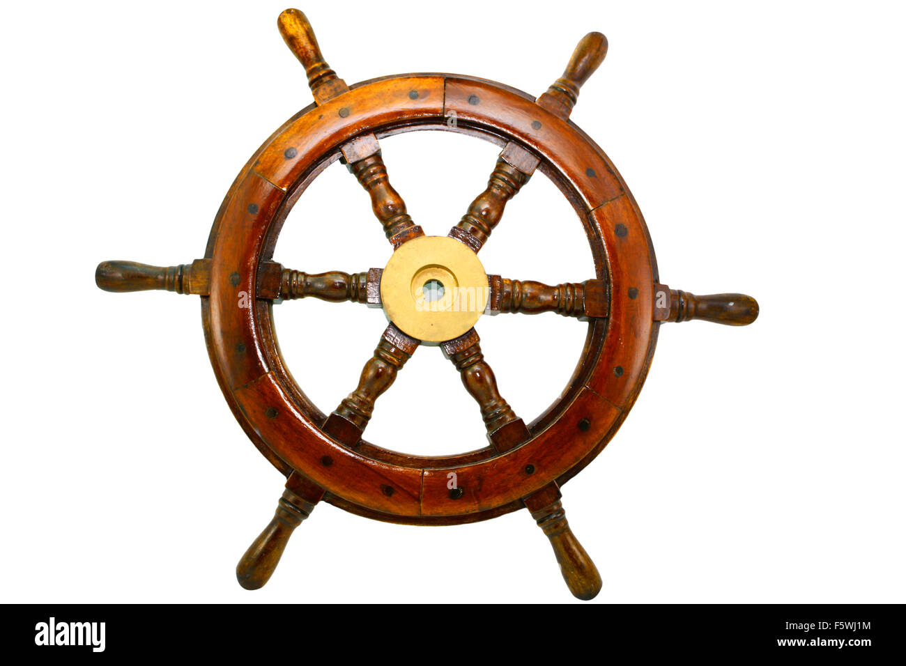 an old boat steering wheel on white background Stock Photo Alamy