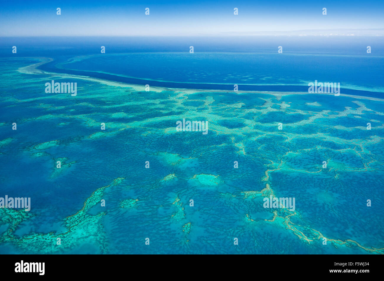 Aerial shot of Hook and Hardy Reef, part of the Great Barrier Reef. Stock Photo