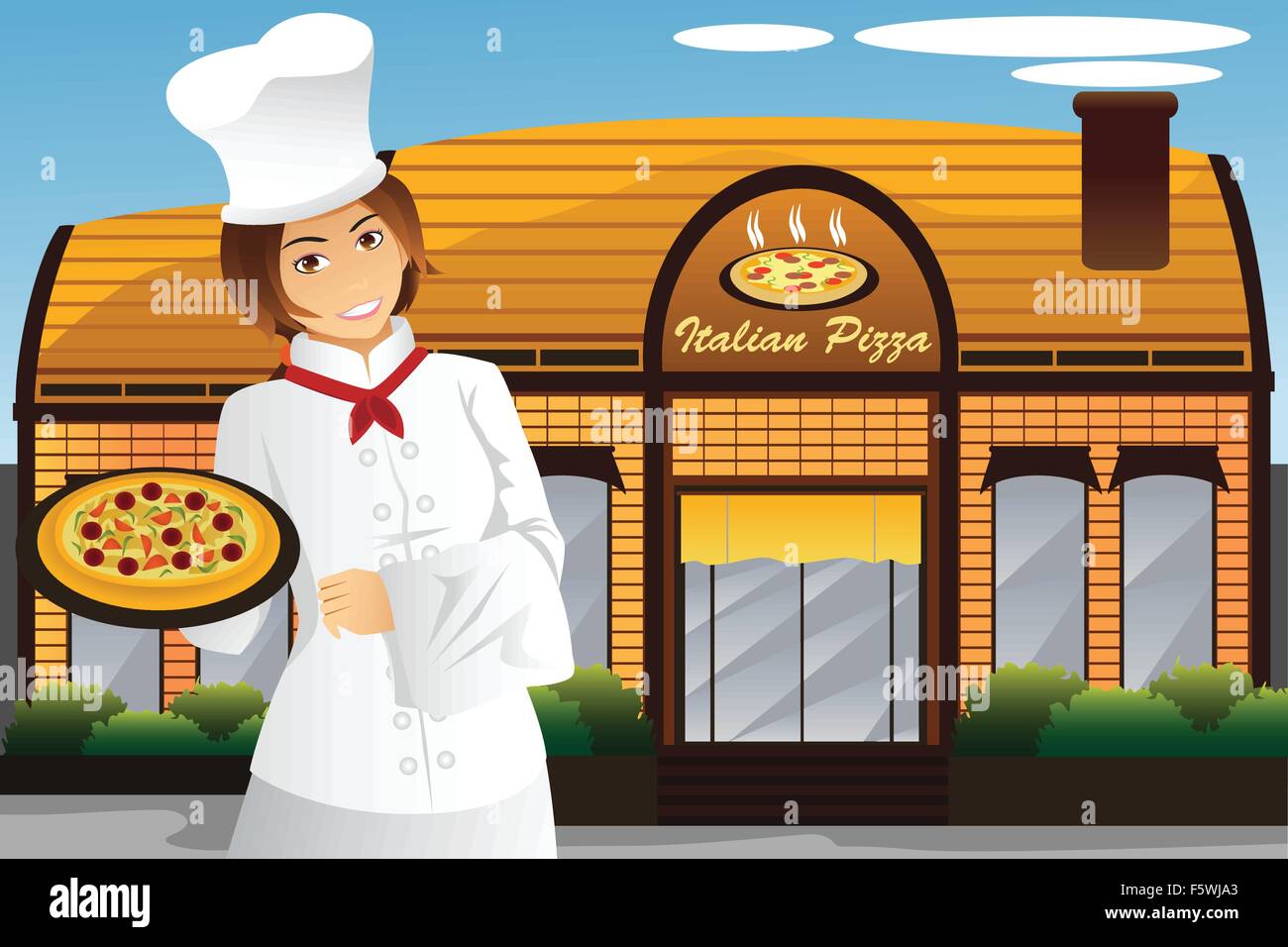 A vector illustration of waitress holding pizza standing in front of the restaurant Stock Vector