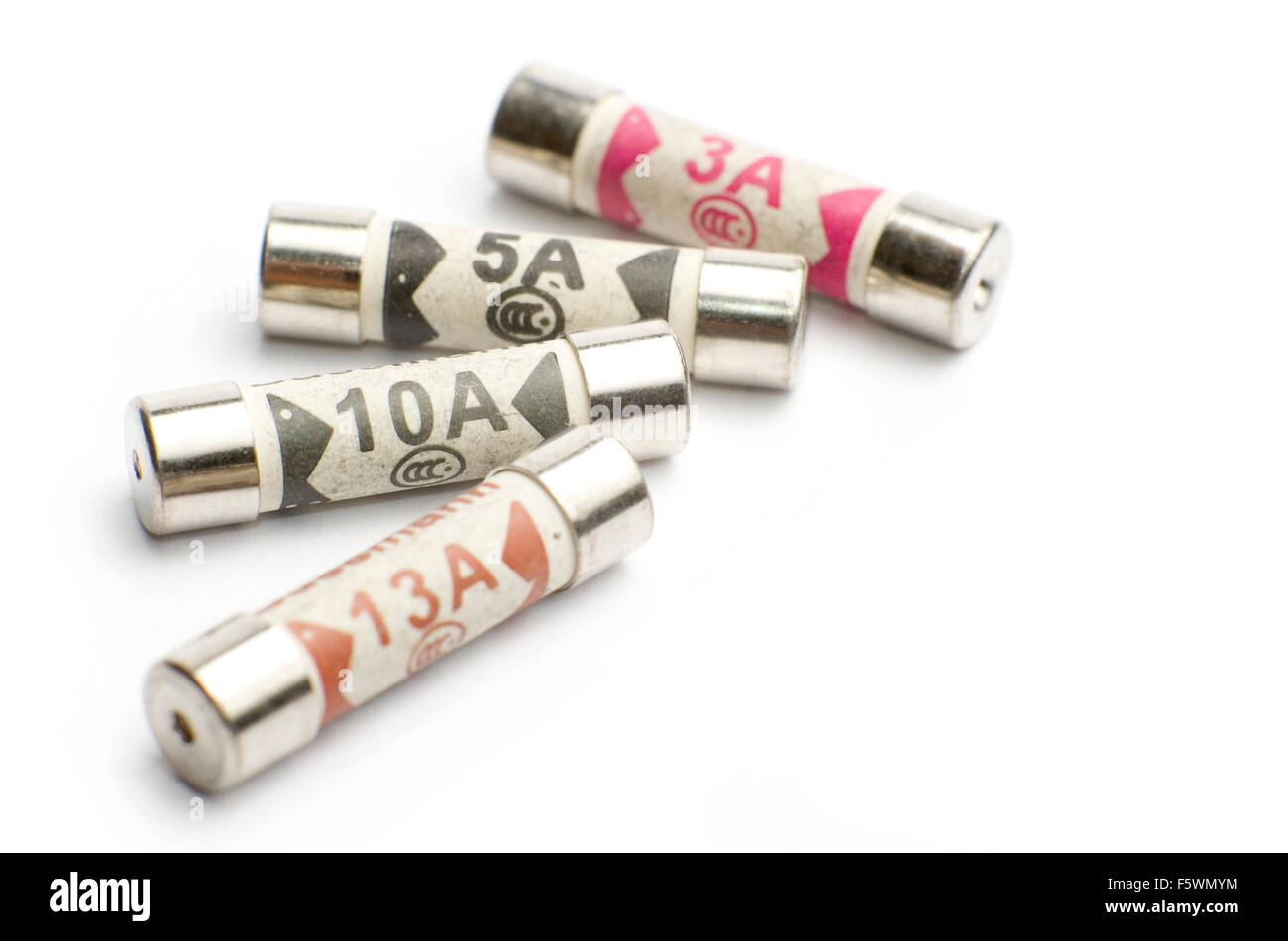 UK Standard domestic fuses 3A, 5A, 10A and 13A Stock Photo