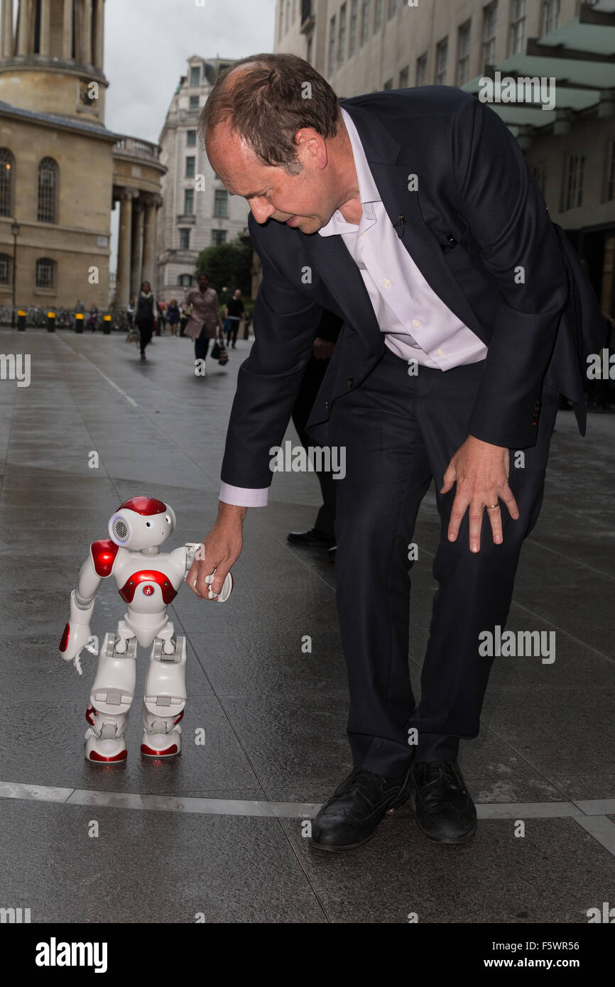 Rory Cellen Jones walking in an Active8 robot, made by Nao robots for ...