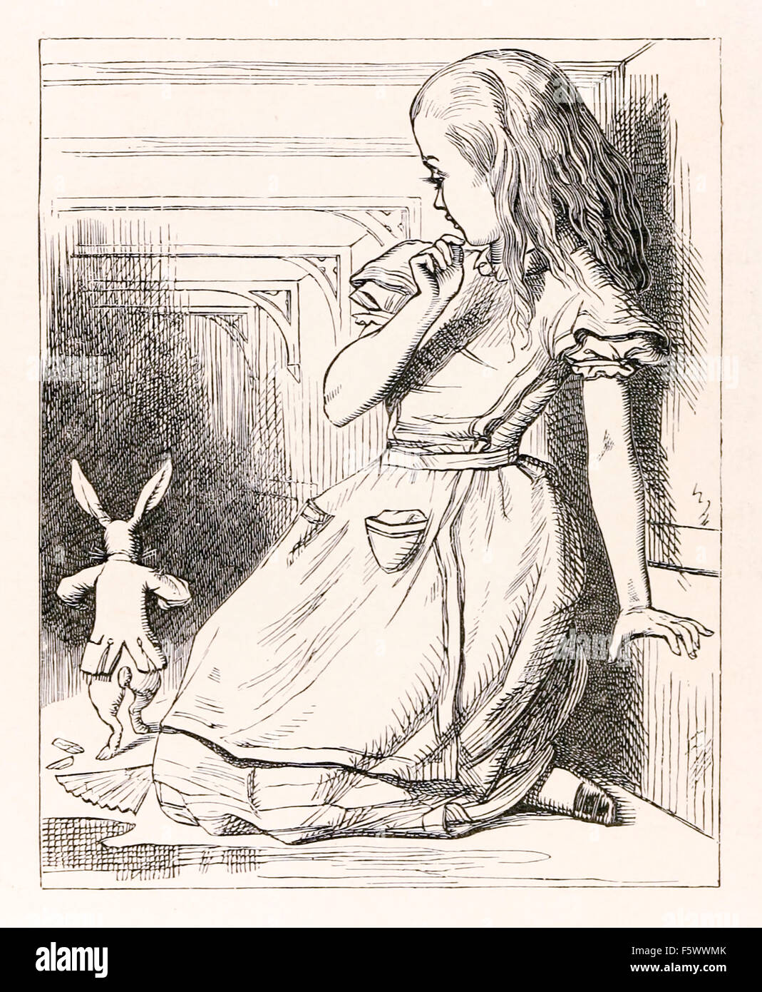 Alice in Wonderland Chapter 2 'The Pool of Tears', an enlarged Alice startles the white rabbit who drops his fan and white kid gloves. Photograph from a 1888 edition of the book ‘Alice’s Adventures in Wonderland’ published by Macmillan & Co. Credit: Private Collection / AF Fotografie Stock Photo