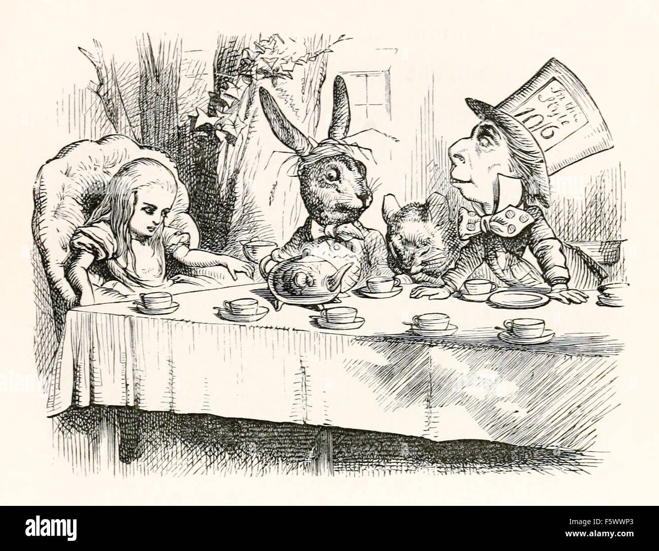 Mad Hatter's tea party, John Tenniel  (1820-1914) illustration from Lewis Carroll's 'Alice in Wonderland' published in 1865. Stock Photo