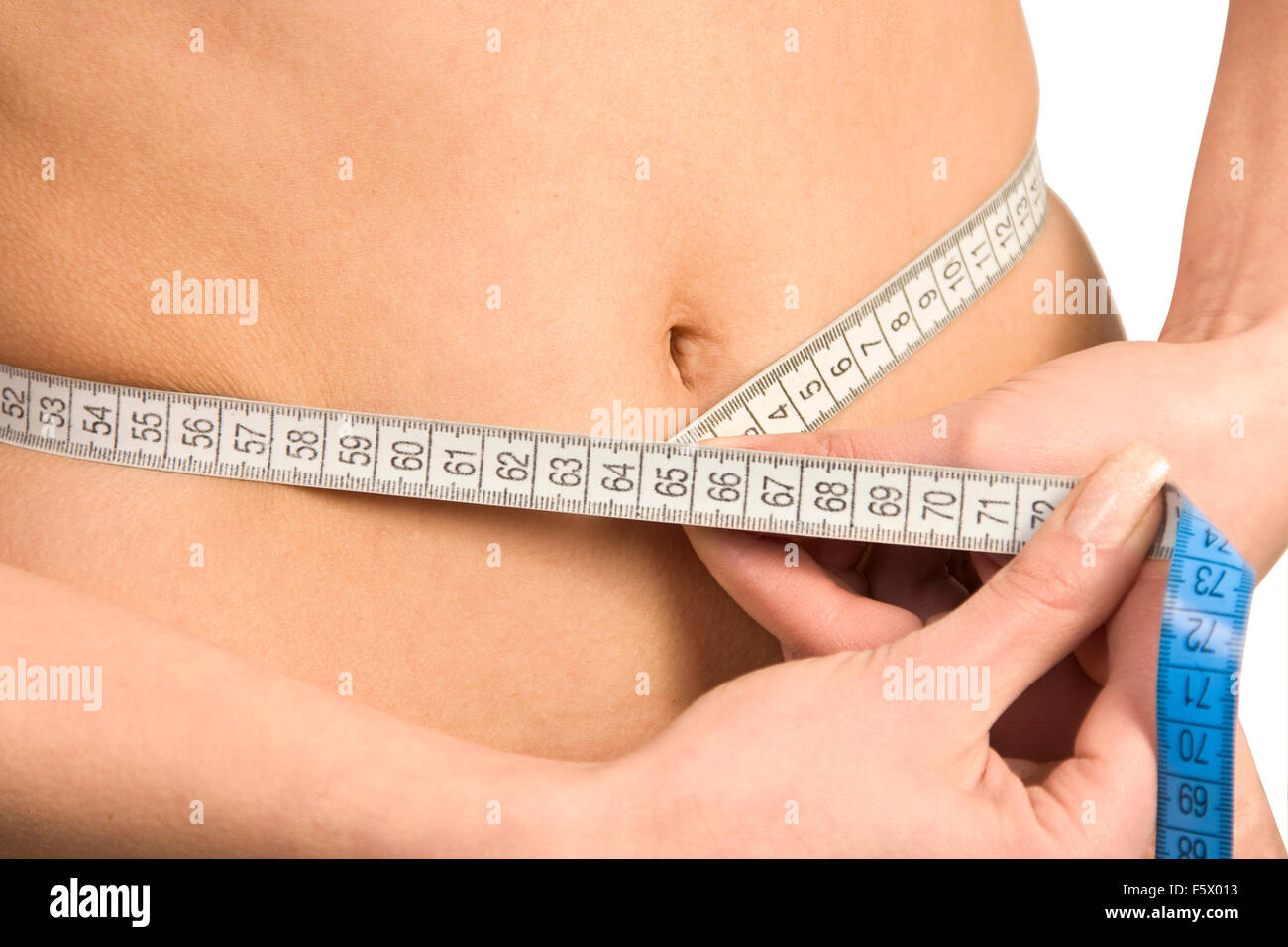 Beautiful woman's stomach with measure. Isolated on white Stock Photo