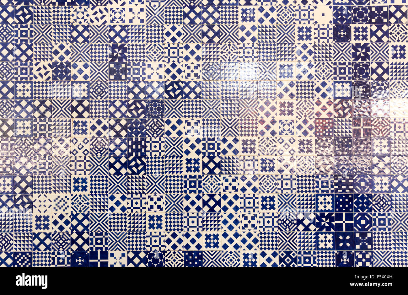 Abstract tile texture with many blue geometric patterns Stock Photo