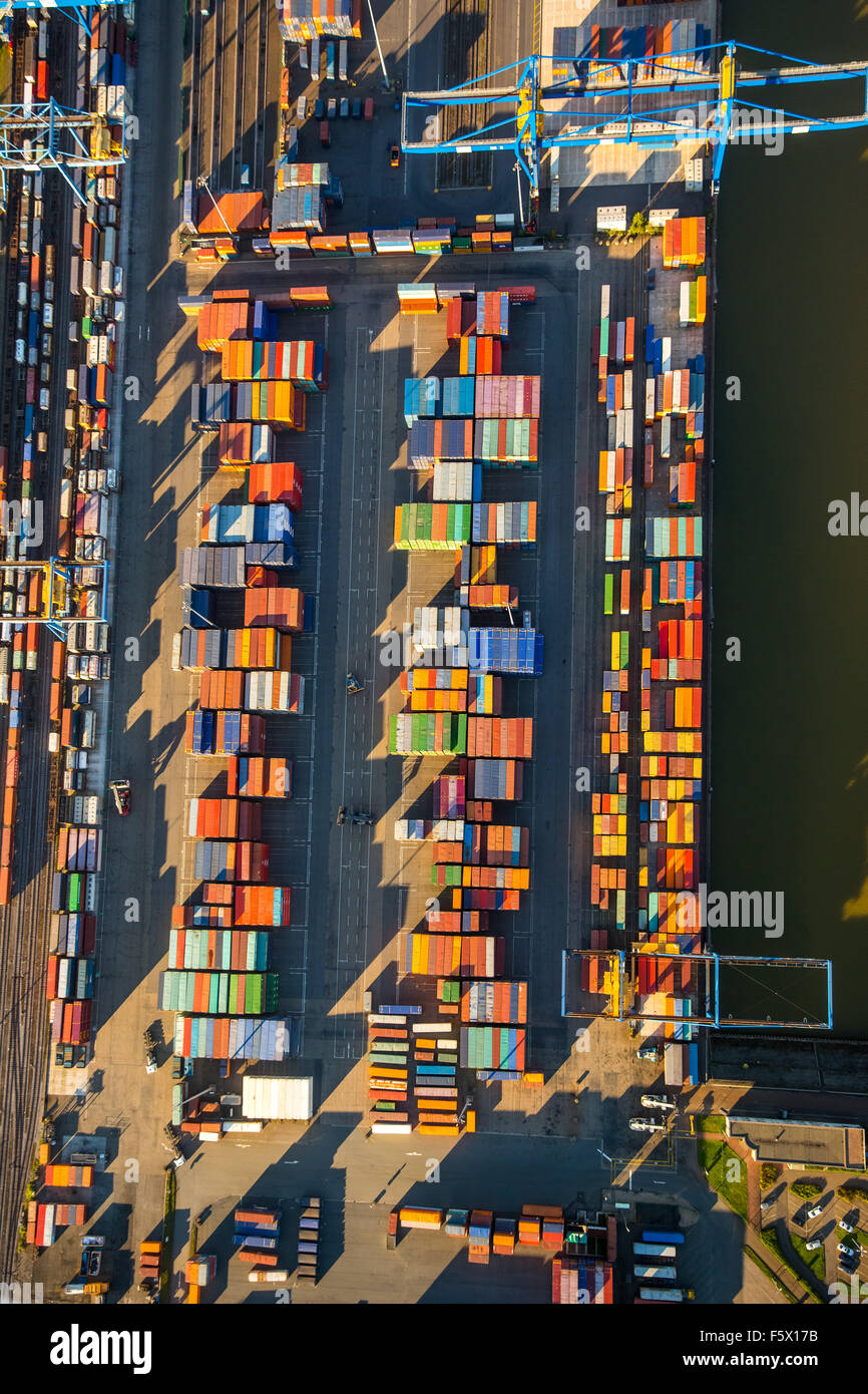 stacked containers on Logport I, inland port, Rheinhausen, Duisburg harbor, Duisburg, Ruhr area, Nordrhein-Westfalen, Germany, Stock Photo