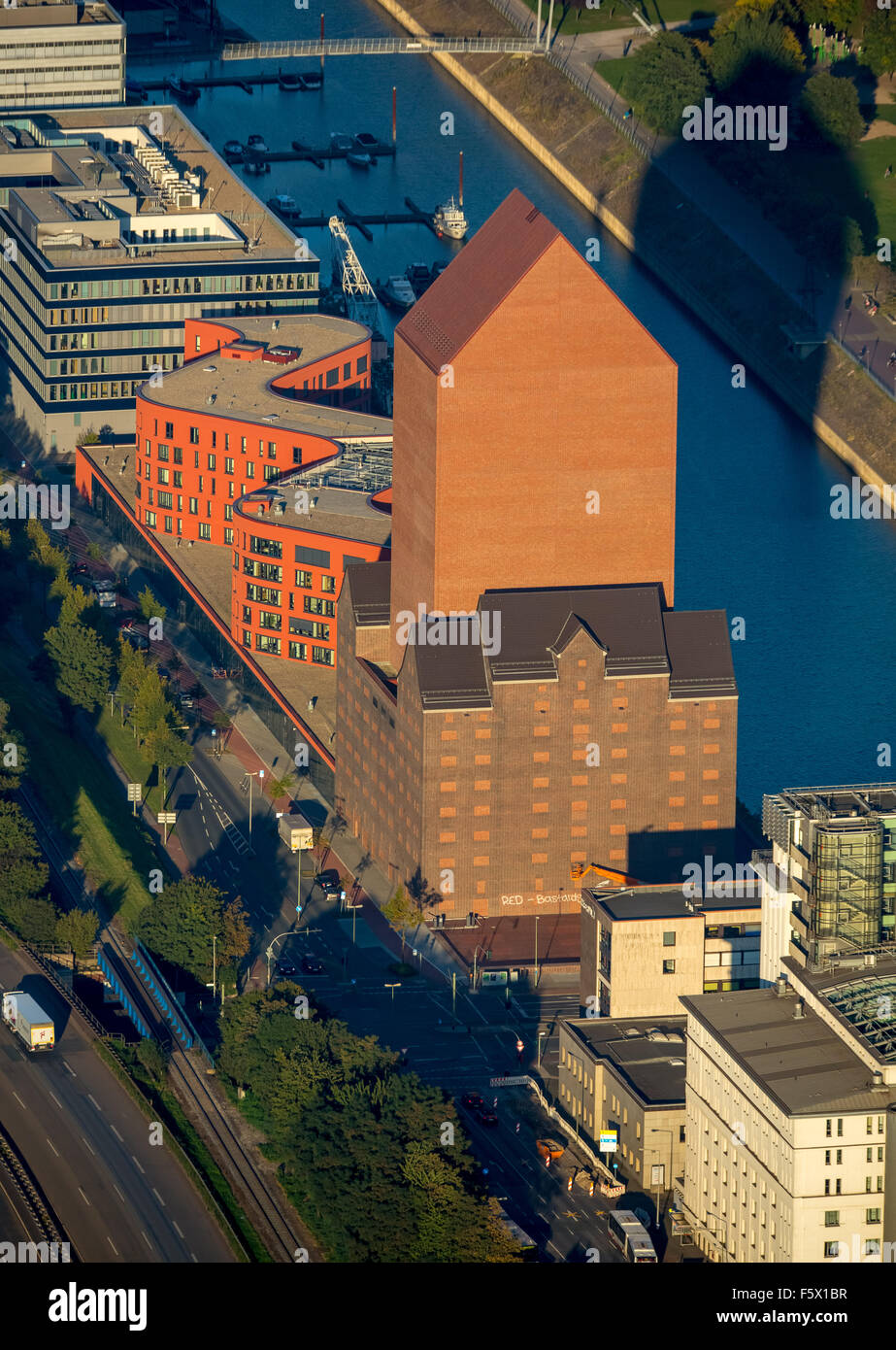 Provincial Archives of Nordrhein-Westfalen former storage building with new Archivturm inner harbor Duisburg, Duisburg, Ruhr, Stock Photo