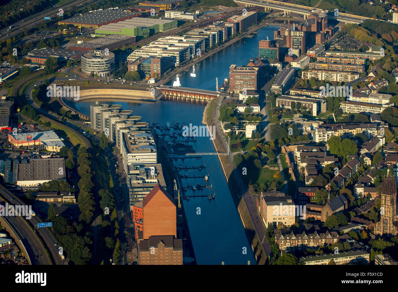 Provincial Archives of Nordrhein-Westfalen former storage building with new Archivturm inner harbor Duisburg, Duisburg, Ruhr, Stock Photo