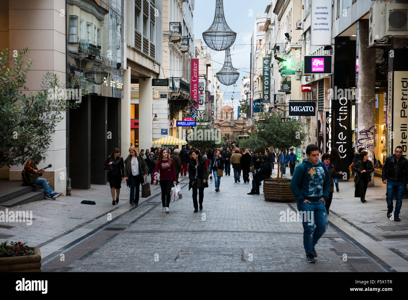 The popular Ermou pedestrian street in Athens city center. Stock Photo