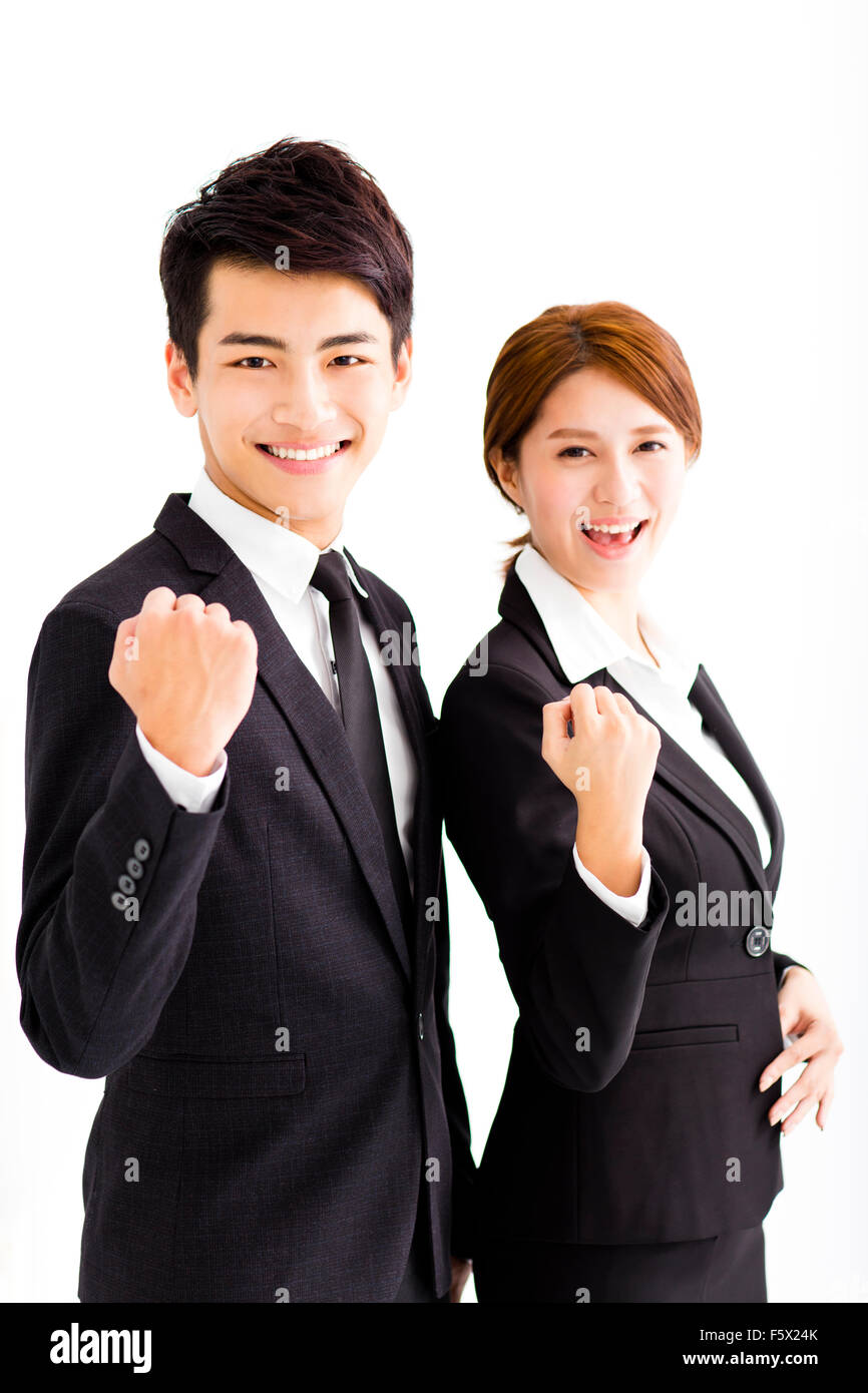 happy business man and woman standing in office Stock Photo - Alamy