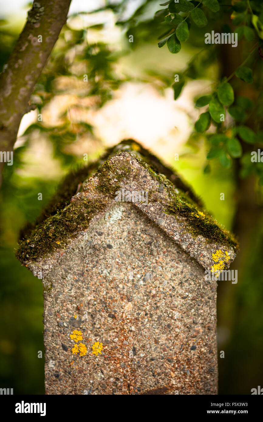 Stone fence and blurred forest background Stock Photo - Alamy