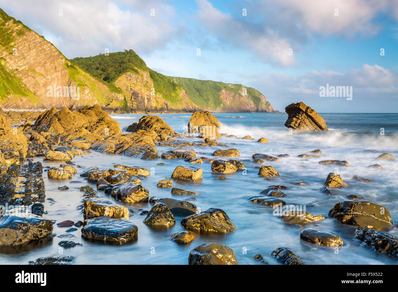 View towards Windbury Point and Brownsham Cliff from Mouthmill Beach, North Devon, England, United Kungdom, Europe. Stock Photo