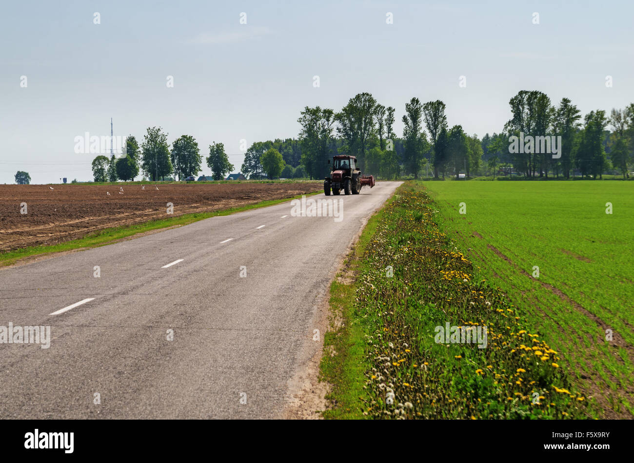 The tractor works at an agricultural field. Stock Photo