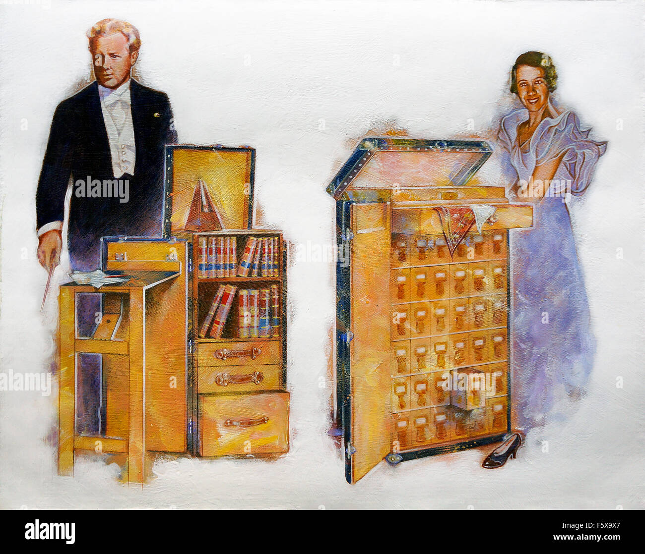 Illustration in acrylics depicting Louis Vuitton trunks featuring conductor Leopold Stokowski and soprano singer Lily Pons. Stock Photo