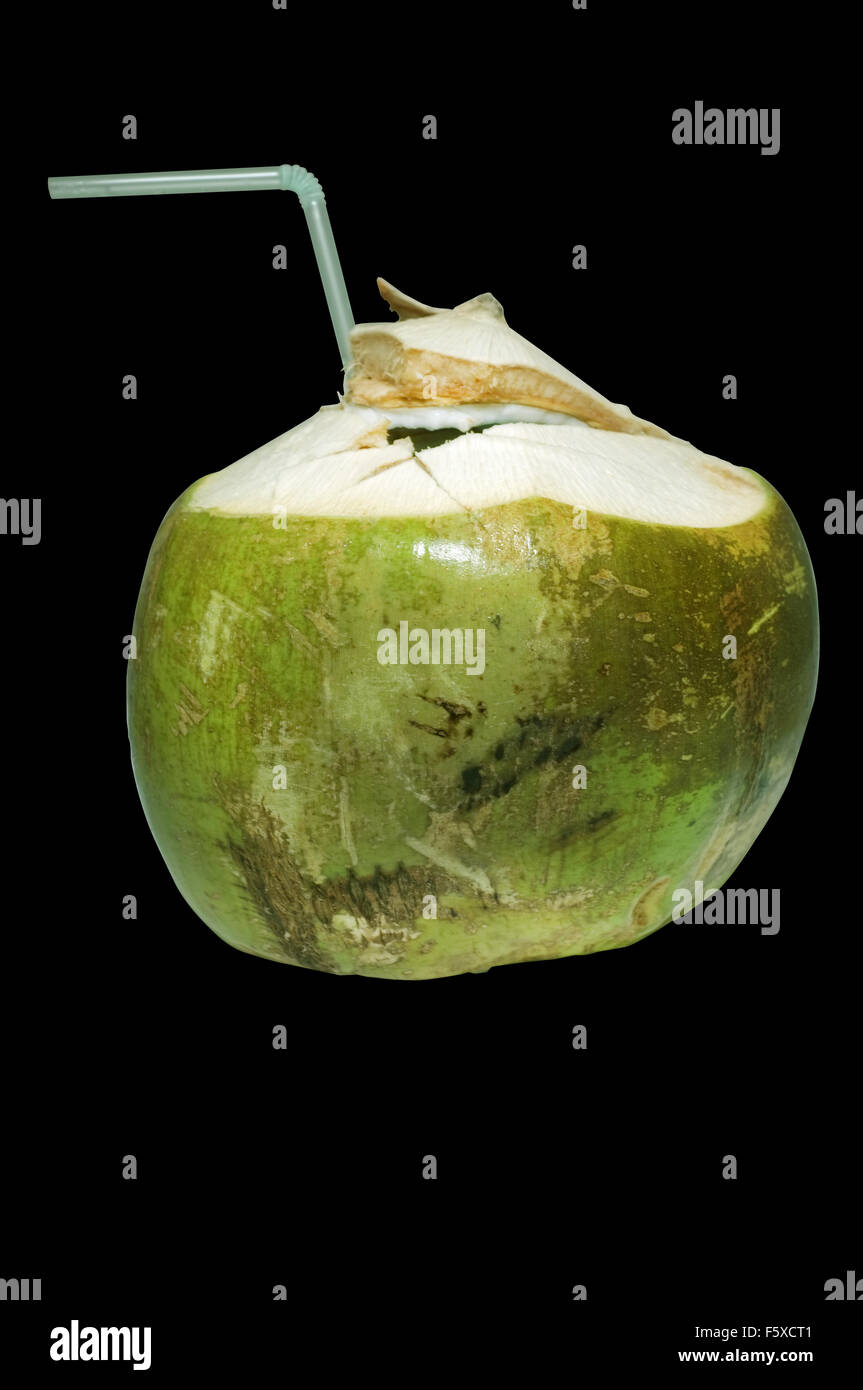 Fresh green coconut with straw Stock Photo