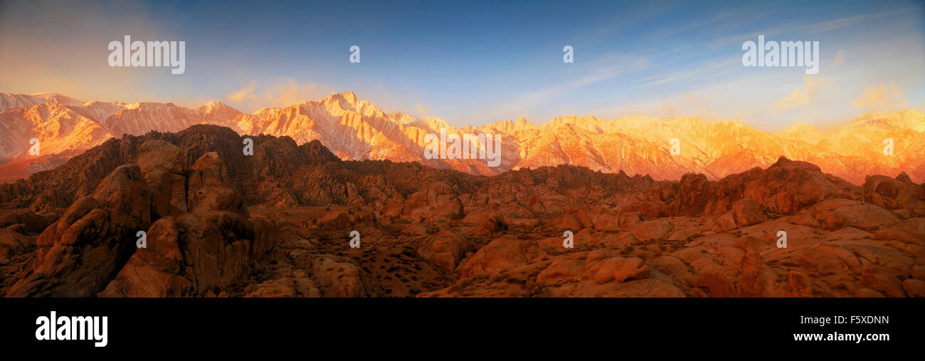 Mount Whitney on right and Lone Pine Peak in California Sierra Nevada Mountains over the Alabama Hills at sunrise Stock Photo