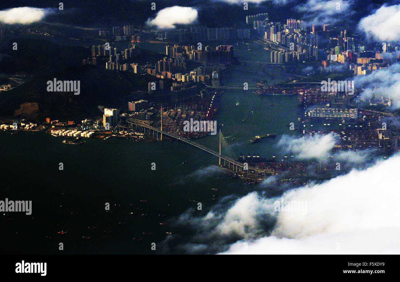An aerial view of Hong Kong's port and the Stonecutters Bridge Stock ...