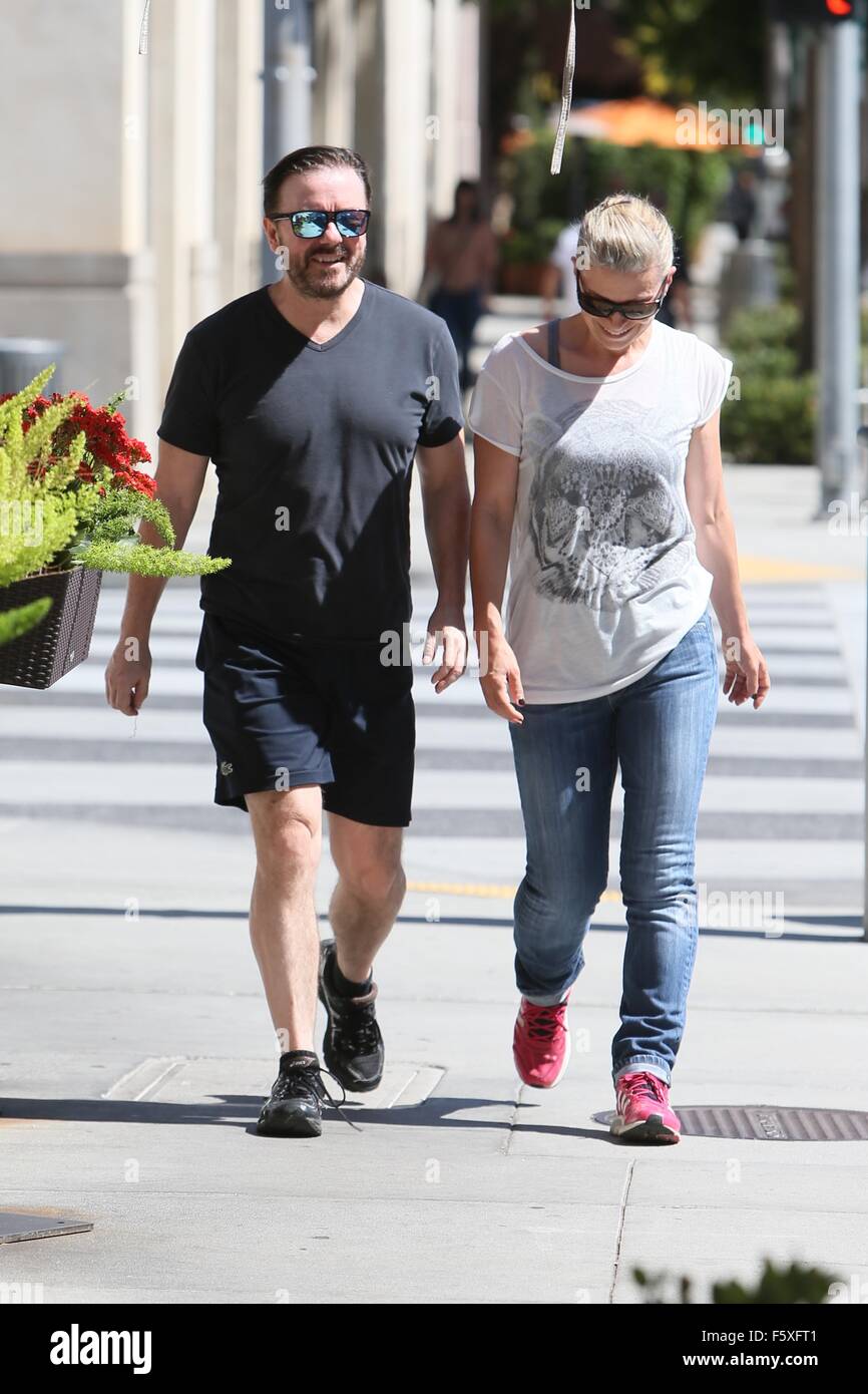 Ricky Gervais and wife Jane Fallon seen out and about Featuring: Ricky