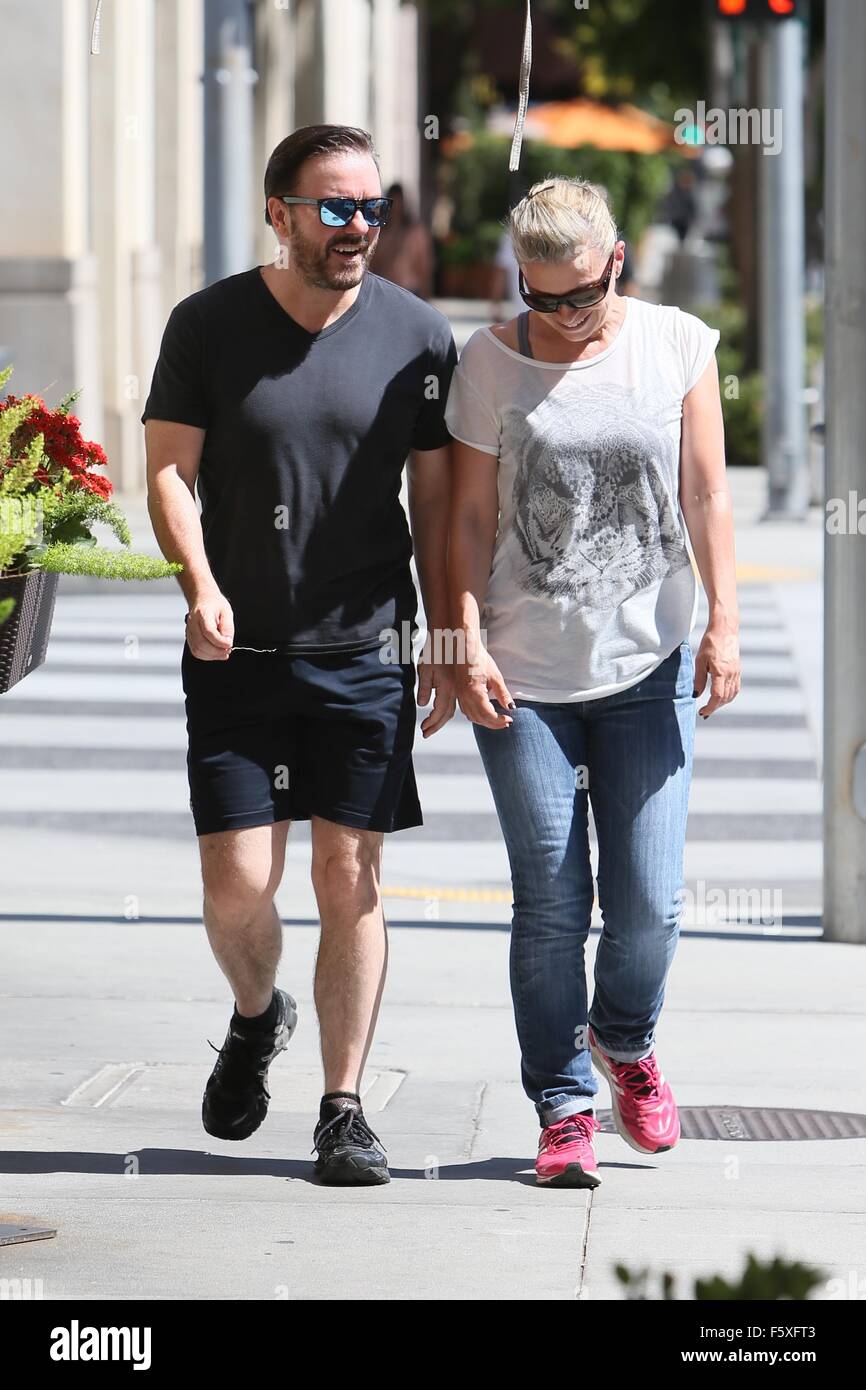 Ricky Gervais and wife Jane Fallon seen out and about Featuring Ricky