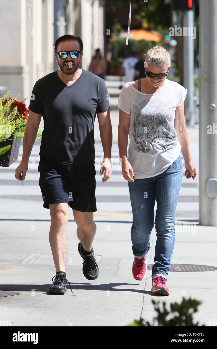 Ricky Gervais and wife Jane Fallon seen out and about Featuring: Ricky