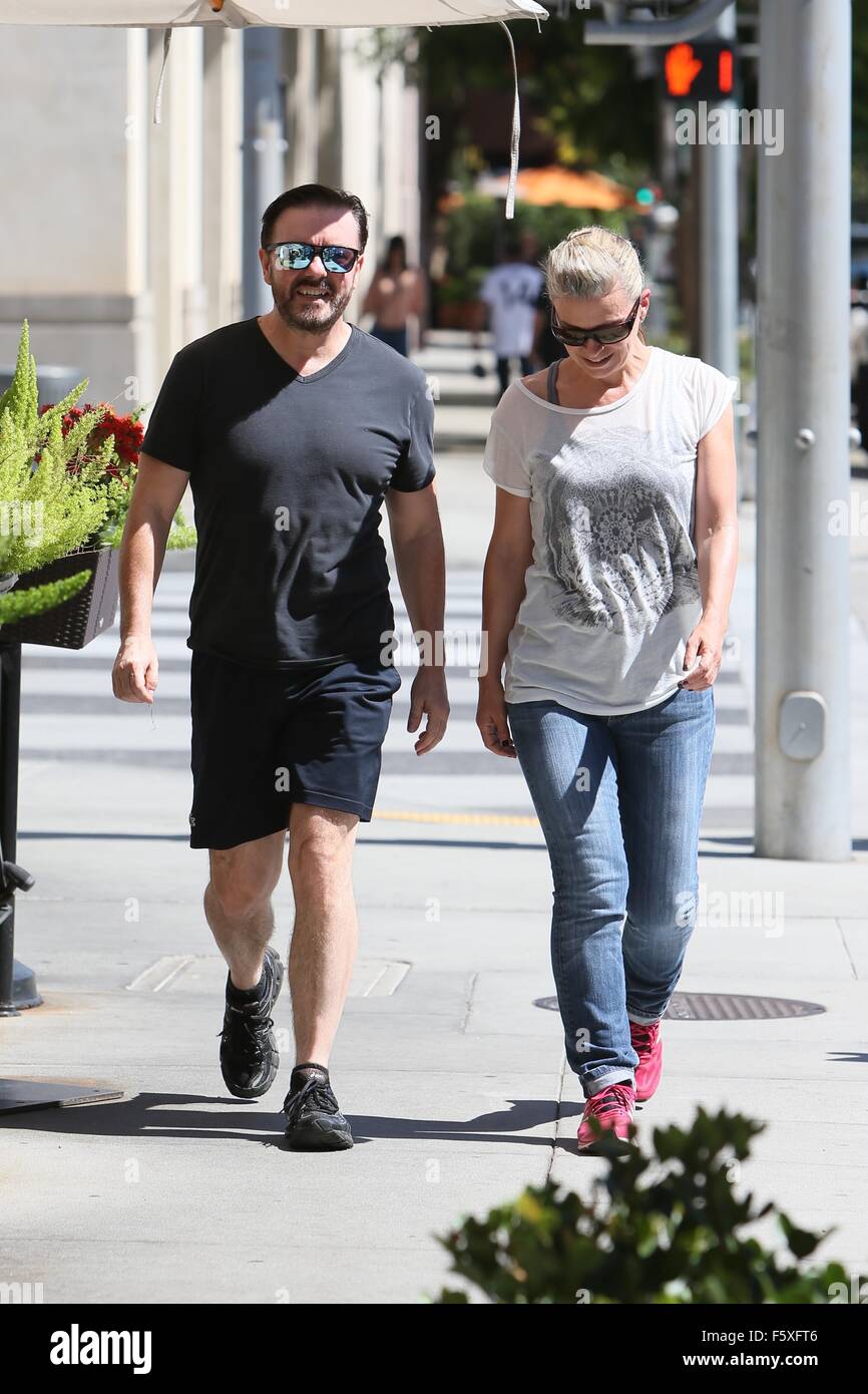 Ricky Gervais and wife Jane Fallon seen out and about Featuring: Ricky